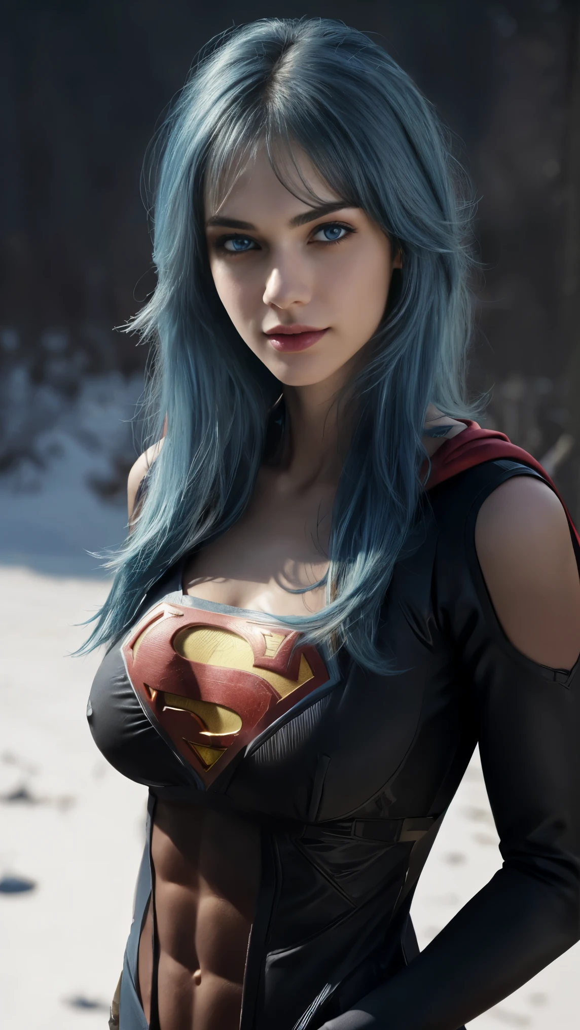8K, Top Quality, Intricate Details, Ultra Detail, Ultra High Resolution, Masterpiece, close up shot, (full body: 1.1), (()), Slender, Smile, (Makeup: 0.4), ), (Fluffy Eyes: 1.21), (((()))), 1girl, solo, 1 girl, ((blue hair, long hair, bangs,, , blue eyes,)), close up shot, , ((tall)), (((fit body))), (((slim face))), sharp face, (( superman suit )) , (detailed face), sharp face, small lips, (( )),
((, )), , ((,)), detailed face, detailed breast, detailed hands , detailed fingers, ((large breast, huge breast)), detail ass, Narrow Waist, Skinny, slim tall , 195 cm tall, Muscular, Navel, Exposed Abdomen, Pointed Chest,, Beautiful girl with accentuated slender abs: 1.4, Six Pack Abs: 1.4, Bust Botox, Big, Perfect Body, detail leg, (( dark background)), black background,
