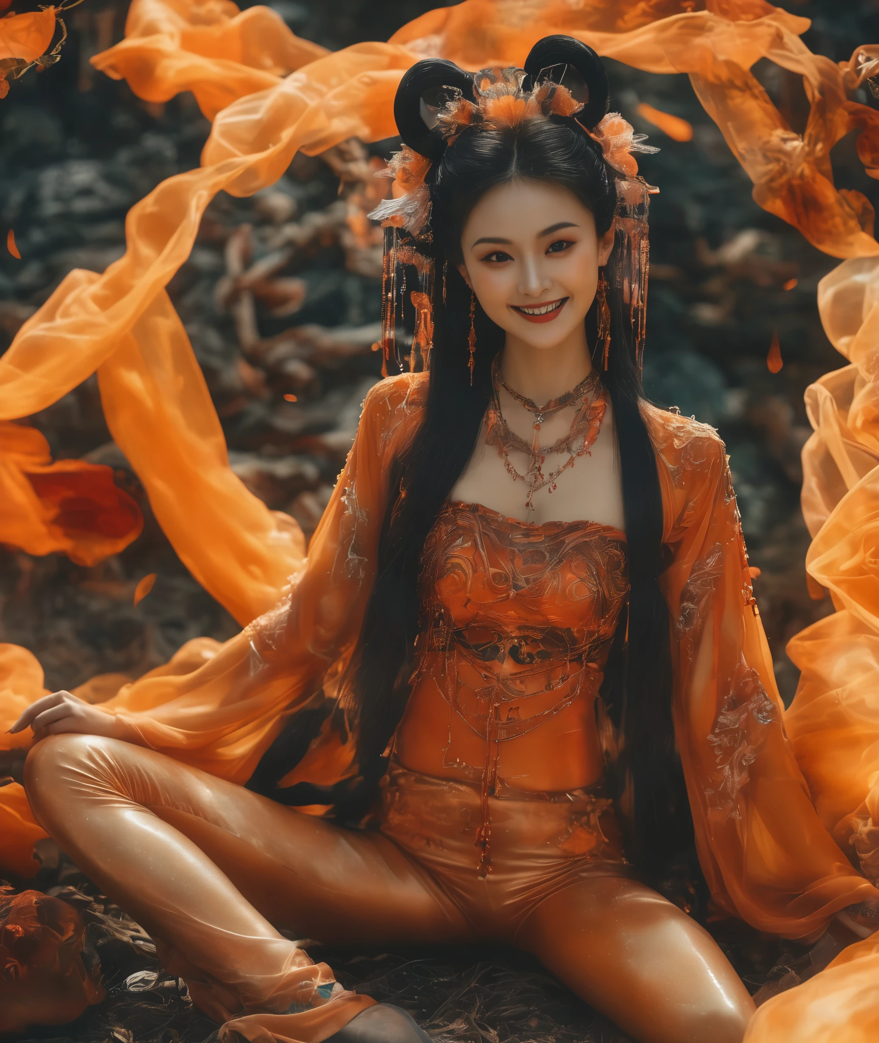 
A cinematic-style fullbody realisticphoto of a beautiful ancient chinese young lady dancer,with a charming smile ，Panorama，sit-astride::2, frontview::2
, dressed in spiral patterned short lace top with long orange silk sleeves and off-white ultra tight shiny leather leggings with legging chain and orange ties， sit on pile of skeletons with brain and dark red pigment at random outdoor place::1，yaoye，anatomical correct:2,Raw, cinematic shot, (sharp focus:1.5), (photorealistic:1.4), twilight lighting, volumetric lighting, ultra high res, 16K,dramatic lighting, abstract backgrounds：1.5）（zentangle，datura，Tangles，entangled：0.7）Kitsune witch，kitsune mask，Haori jacket, foxfire spell, fox family, transformation, depth of field, Fantastical Atmosphere, The most beautiful form of chaos, ellegance, Dark theme of Fauvist design, Flower of Death, Flowers of ecstasy，Glowing Line,Glow Example，Tracking example，flash， Backlight，translucent，light particles,Xill