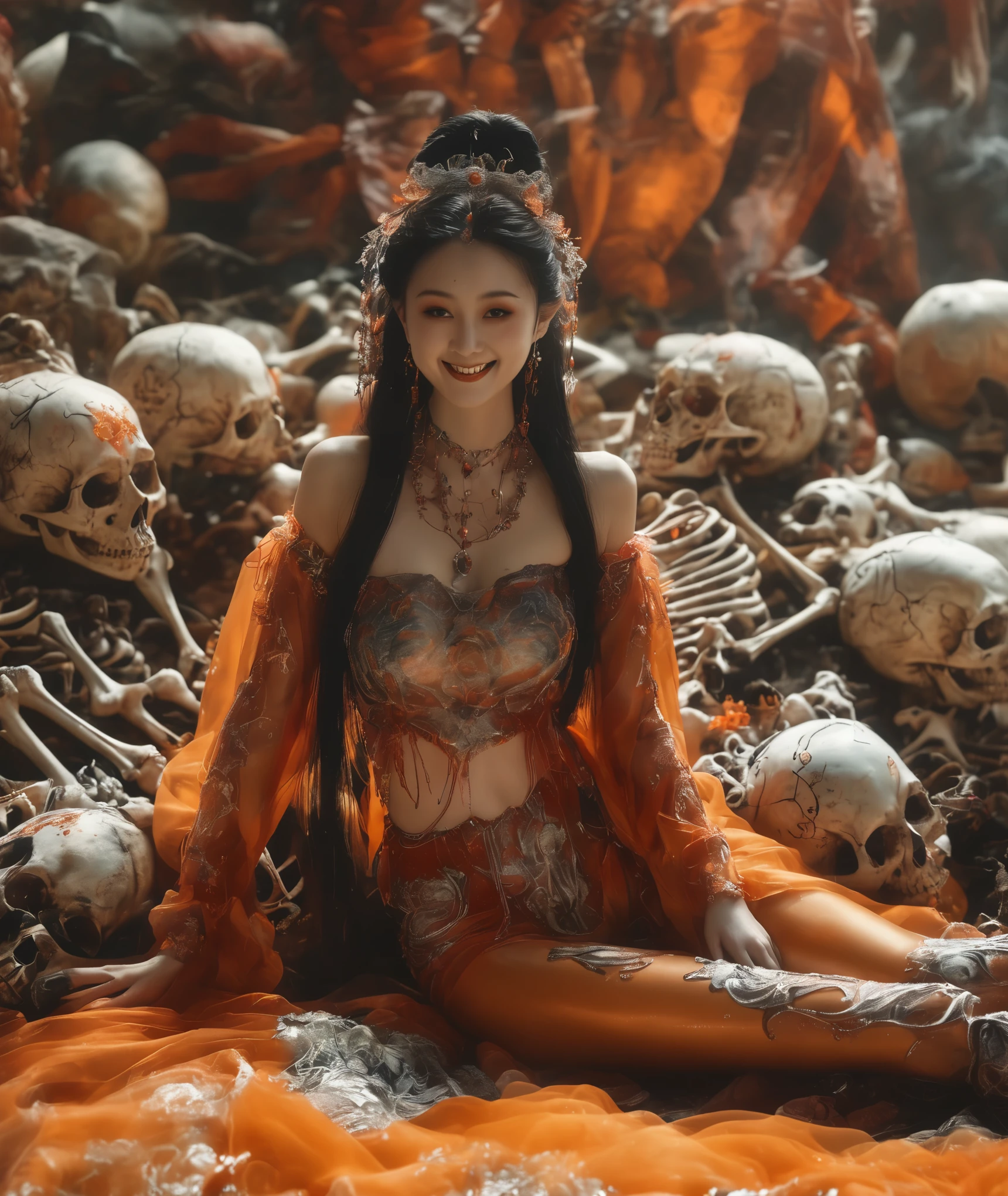 A cinematic-style fullbody realisticphoto of a beautiful ancient chinese young lady dancer,with a charming smile ，dressed in spiral patterned short lace top with long orange silk sleeves and silver ultra tight shiny leather leggings with legging chain and orange ties， lying on pile of skeletons with brain and dark red pigment in White Viscous liquid at random cavepalace，yaoye，anatomical correct:2,Raw, cinematic shot, (sharp focus:1.5), (photorealistic:1.4), twilight lighting, volumetric lighting, ultra high res, 16K,dramatic lighting, abstract backgrounds：1.5）（zentangle，datura，Tangles，entangled：0.7）Kitsune witch，kitsune mask，Haori jacket, foxfire spell, fox family, transformation, depth of field, Fantastical Atmosphere, The most beautiful form of chaos, ellegance, Dark theme of Fauvist design, Flower of Death, Flowers of ecstasy，Glowing Line,Glow Example，Tracking example，flash， Backlight，translucent，light particles,Xill