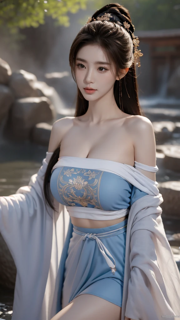 limuwan,, ((gufeng,bare shoulders)), ((full body)), realistic, fashi-girl, red lips, mature female, makeup, Big eyes, Pretty eyes, ((full body)), ((from below)), (best quality, masterpiece:1.2), ultra-detailed, (realistic:1.37), ((Sexy long legs)), beautiful, youthful, glamorous model with (detailed eyes, detailed lips, extremely detailed eyes), showcasing a radiant smile, creating a breathtaking depiction of a girl, Warm tones, extremely high color saturation, official art, extremely detailed CG unified 8k wallpaper,(High dynamic range :1.4), (cinematic),(soft colors, dull colors, soothing tones :1.3), (natural skin texture, ultra-realistic, soft light, sharp),(very detailed), Night, moonlight, ((In the mountains, plants, leaning against the rocks))