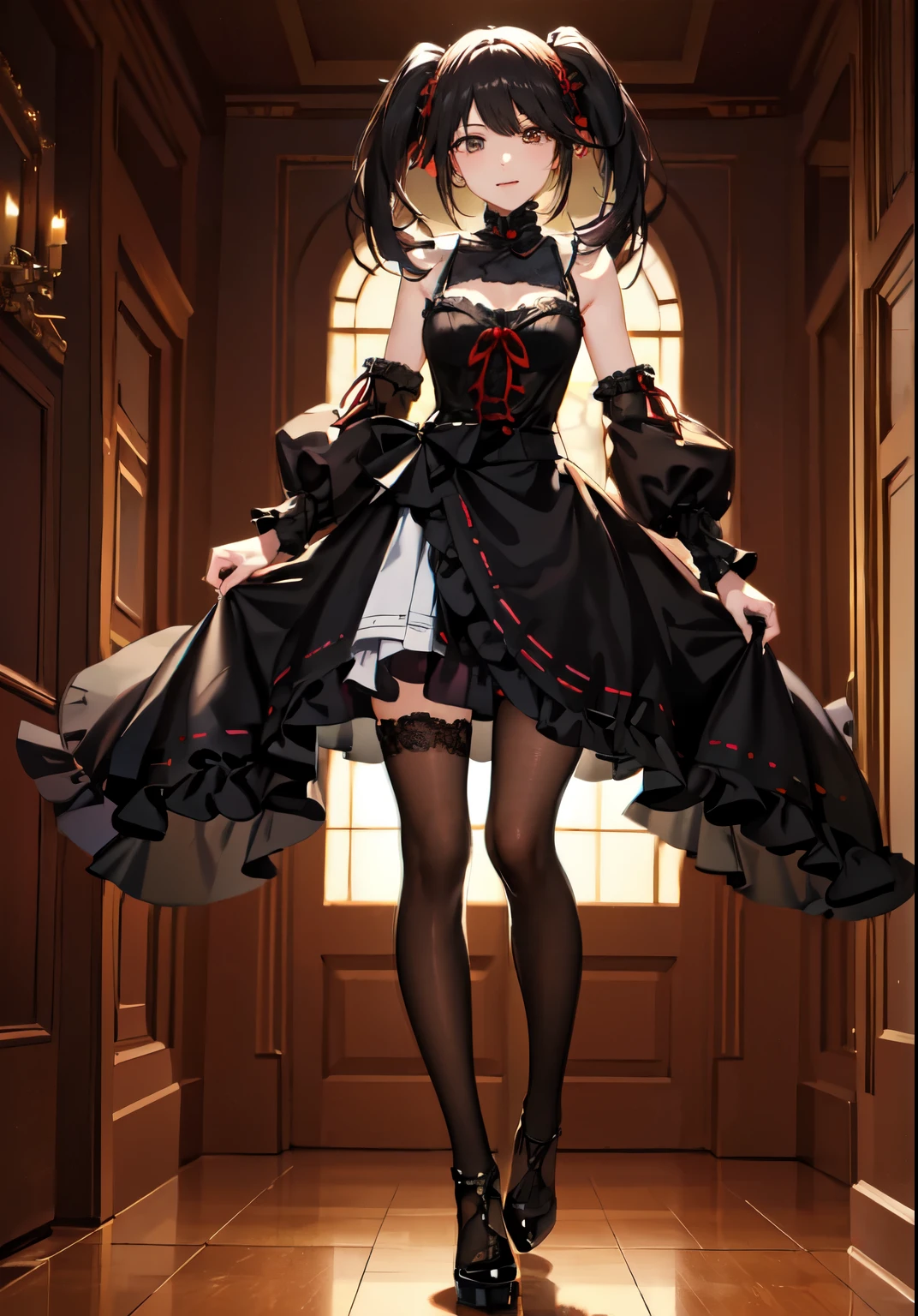 masterpiece, high quality, 1 Girl((,Full body)) ((Tokisaki Kurumi)), monochrome, Black Hair, , mini skirt, ((Right eye is red:1, Left eye yellow))),((Exquisite eyes)),((Delicate face)) Smile, Kawaii, ((Standing)),((Wearing red high heels)), Beautiful Body, Kawaii face, looking at the audience, Super Big Oppei,UHD, anatomically correct, super detail, super detail, highres, accurate,