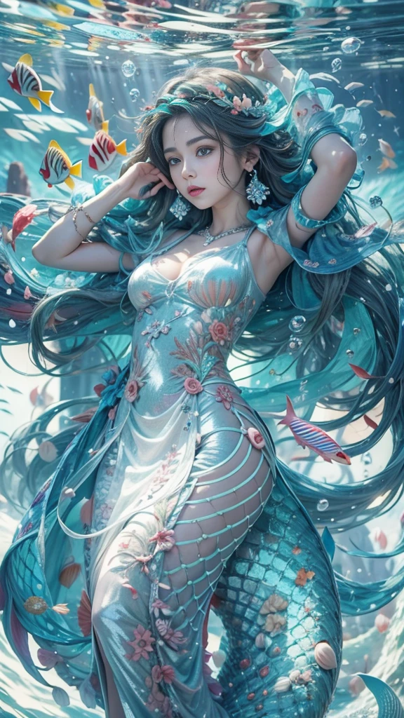 (RAW shooting, 32k:1.5, highest quality, masterpiece, Ultra-high resolution), (Deep sea at night:1.0, Dramatic moonlight:0.7, Mysterious underwater world:1.3, Expressions of sadness:1.0), Side Shot, Fractal Art:1.3, Perfect dynamic composition:1.3, Very detailedな肌と顔の質感:1.2, Dynamic flow of water waves:1.3, Beautiful shell and coral decoration, Surrounded by lots of colorful fish, Rich underwater vegetation, (The subject is being viewed from a distance:1.3, Slim mermaid figure:1.0, Shimmering Scales, Mermaid tail:0.5), elegant and sophisticated, Fair skin, Incredibly slim body:0.8, Very beautiful face, Water droplets on the skin, Very accurate, Very detailed, Gorgeous blue shiny mermaid dress portrait:0.8, Big eyes that exude beauty, Beautiful big lips,, Unreal atmosphere, necklace, Earrings, bracelet