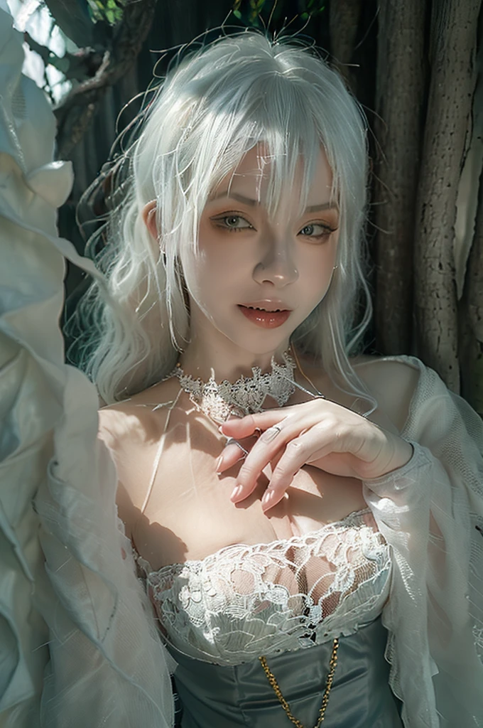 Cute 58 yo (albino:1.4) woman of Slavic descent. (short:1.1), long white hair, gray eyes, ((very pale:1.4)). Innocent look. Innocent face. Gentle spirit. (virgin), Hooded cloak, sheer lace gown, long sleeves, gold cross necklace. (joy), (love), Mystical forest. realistic hands. Mystic fog. Mystic smoke.