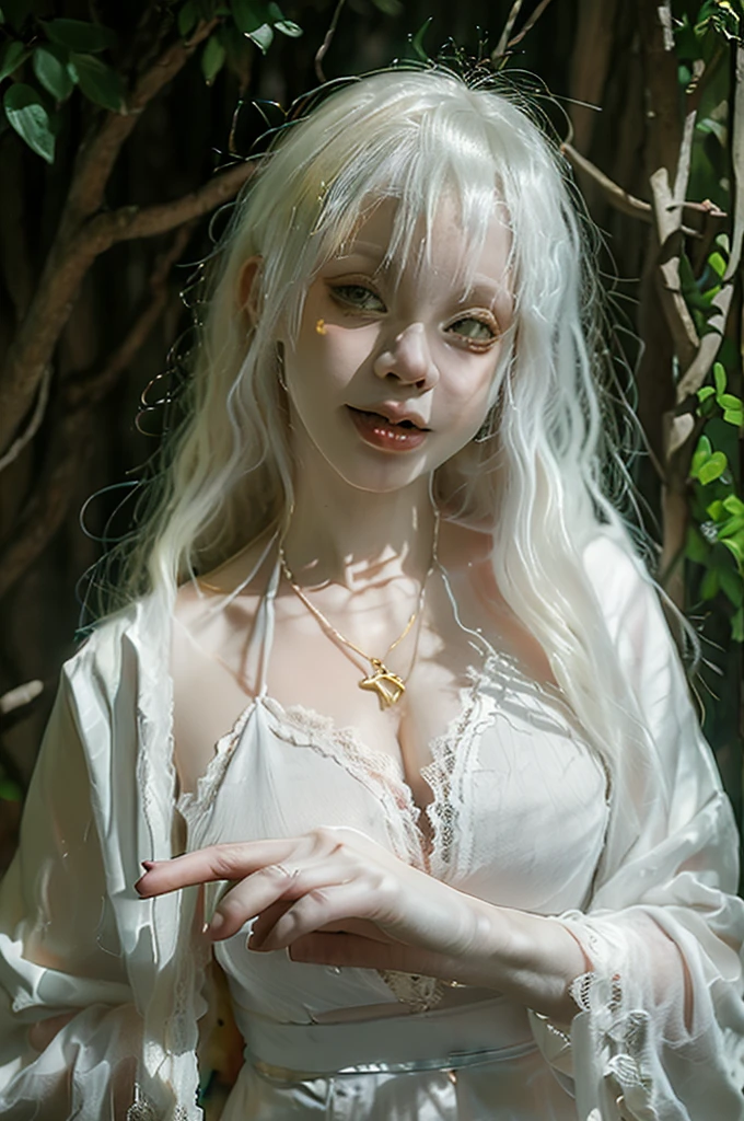 Cute 58 yo (albino:1.4) woman of Slavic descent. (short:1.1), long white hair, gray eyes, ((very pale:1.4)). Innocent look. Innocent face. Gentle spirit. (virgin), Hooded cloak, sheer lace gown, long sleeves, gold cross necklace. (joy), (love), Mystical forest. realistic hands. Mystic fog. Mystic smoke.