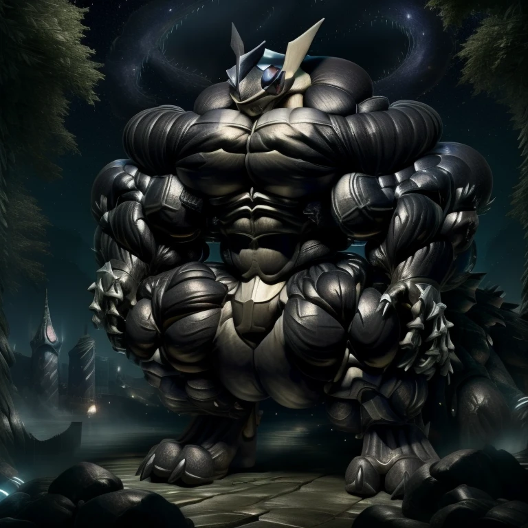 Futuristic city, night, stars, night lights, Greninja, massive muscles, huge pecs, chiseled abs, huge pectorals, exaggeratedly huge muscles. a furry hero whose presence inspires trust and respect. (gigantic muscles), 8K, Masterpiece, highres, Detailed head, Detailed Body, full body, Detailed abs, wearing crNanosuit, big muscle (pecs, triceps, traps) unusually developed muscular body, body full of huge muscles. pectorales enormes. Exaggeratedly huge muscles. Gigachad Muscular, gigantic muscles, Colossal giant NANOSUIT over a battlefield, The claws are sharp, Sharp teeth, nj5furry, Animal paws, castle, black visor, He wears a black cloak on his back, FULL BODY, long legs,