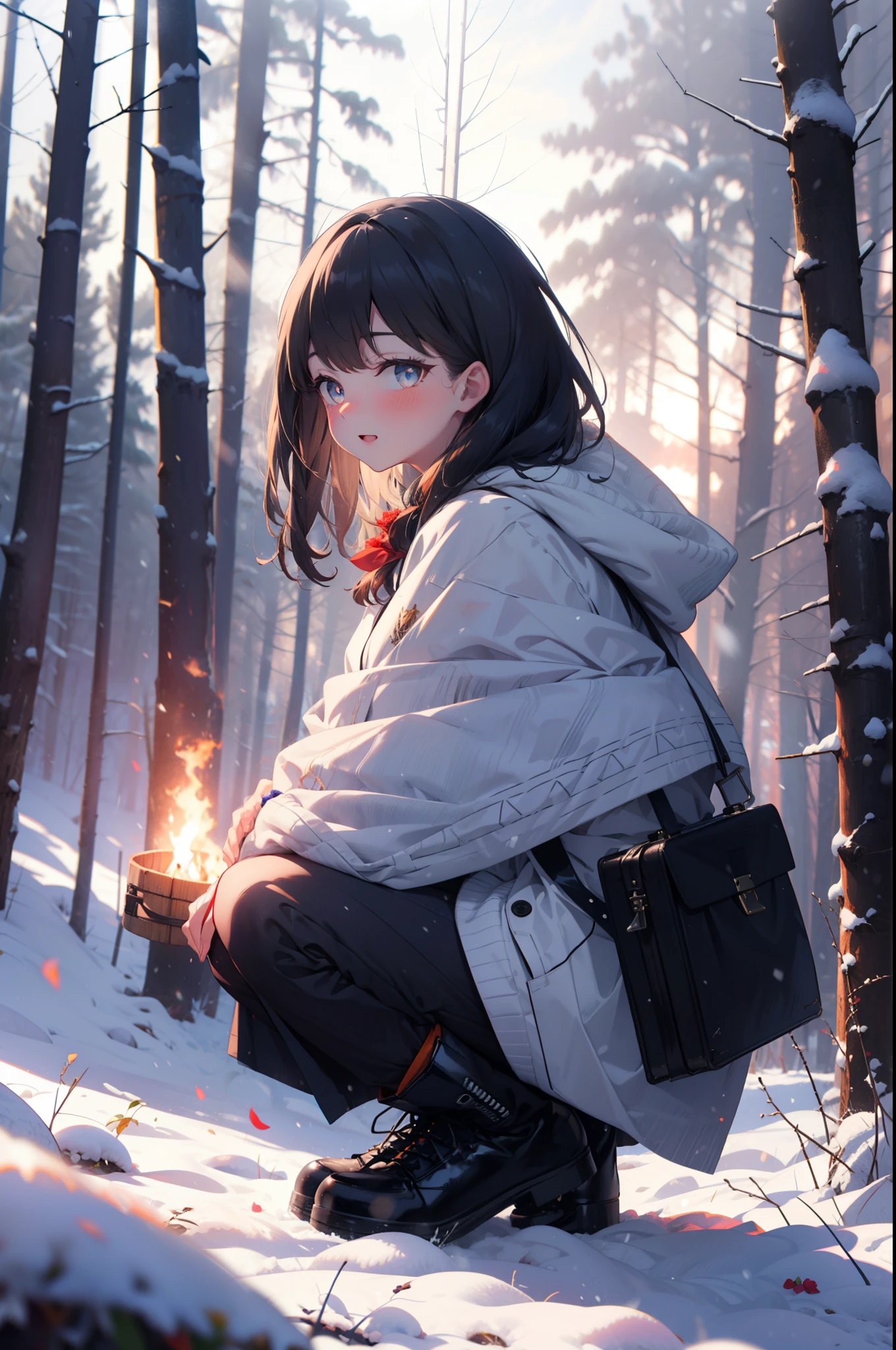 6 flowers, rikka takarada, Black Hair, blue eyes, Long Hair, orange Scrunchie, Scrunchie, wrist Scrunchie,smile,blush,White Breath,
Open your mouth,snow,Ground bonfire, Outdoor, boots, snowing, From the side, wood, suitcase, Cape, Blurred, Increase your meals, forest, White handbag, nature,  Squat, Mouth closed, フードed Cape, winter, Written boundary depth, Black shoes, red Cape break looking at viewer, Upper Body, whole body, break Outdoor, forest, nature, break (masterpiece:1.2), highest quality, High resolution, unity 8k wallpaper, (shape:0.8), (Beautiful and beautiful eyes:1.6), Highly detailed face, Perfect lighting, Extremely detailed CG, (Perfect hands, Perfect Anatomy),