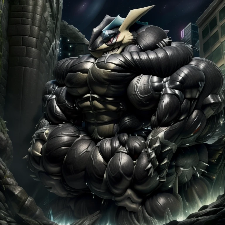 Futuristic city, night, stars, night lights, Greninja, massive muscles, huge pecs, chiseled abs, huge pectorals, exaggeratedly huge muscles. a furry hero whose presence inspires trust and respect. (gigantic muscles), 8K, Masterpiece, highres, Detailed head, Detailed Body, full body, Detailed abs, wearing crNanosuit, big muscle (pecs, triceps, traps) unusually developed muscular body, body full of huge muscles. pectorales enormes. Exaggeratedly huge muscles. Gigachad Muscular, gigantic muscles, Colossal giant NANOSUIT over a battlefield, The claws are sharp, Sharp teeth, nj5furry, Animal paws, castle, black visor, He wears a black cloak on his back, FULL BODY, long legs,