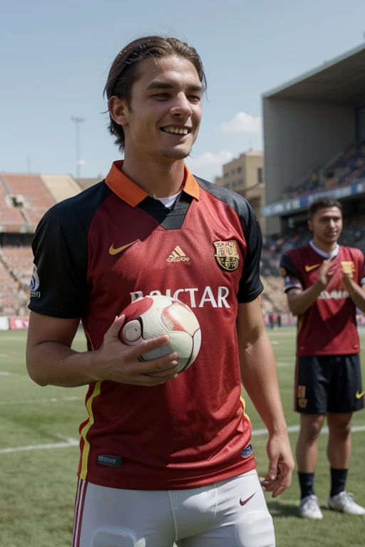 Create an image with a tired football player with the collar in his hand wearing the Barcelona shirt, in the field with standing, with the ball in his hand smiling and very happy with his teammates applauding