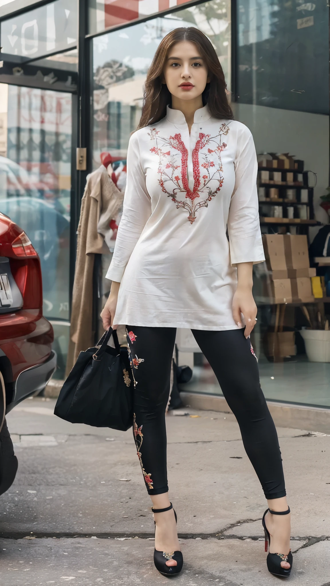 ((girl outdoor, luxurious outdoor city, luxurious place,),
(((Full body shot))), (wide standing position), (looking at viewers, front view shots, wide angle view), (masterpiece, hyper_realistic, hyper_detailed, photorealists, photo_realism), 20 years old lady, 16k, FHD, UHD, high quality pictures, extremely detailed, candid brightness, candid shots, (iconic picture shot, perfect brightness, perfect contrast, perfect colour), (pretty face, iconic face), (detailed face, detailed eye, detailed lips, detailed neck, ultra realistic face, ultra realistic eye, ultra realistic lips), (attractive hair style, hair style), (sagging perky breasts, perfect rounded breasts, attractive breasts, perfect breasts shape), (attractive body figure, perfect body figure, perfect figure, curvy_figure, hourglass_figure), (embroidery High heels, fancy high heels, iconic heels),
(((Masterpiece kurta, luxurious kurta, iconic kurta), fancy embroidery kurta), (embroidery red kurta), red iconic kurta, ruffled kurta, flared kurta, fancy kurta, long skinny sleeves, fancy neck kurta, fancy leggings, black leggings). , ,