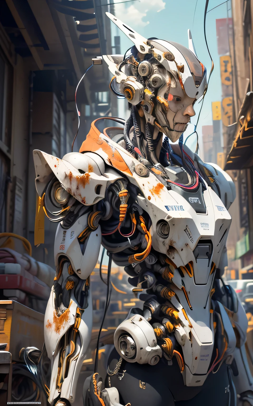 bulky exoskeleton robot , ((bulky)) armor, mecha, ink, clean lines, negative space, high contrast, purple white color,(((masterpiece))), ((best quality)), (ultra-detailed), (CG illustration), (an extremely devious and beautiful)), cinematic light, ((mechanical girl)), single, (machine-made joints: 1.4), ((mechanical limbs)), ( blood vessels attached to the tube), ((mechanical cervical vertebrae attached to the neck), (wires and cables attached to the head and body: 1.5), city ruin scenery