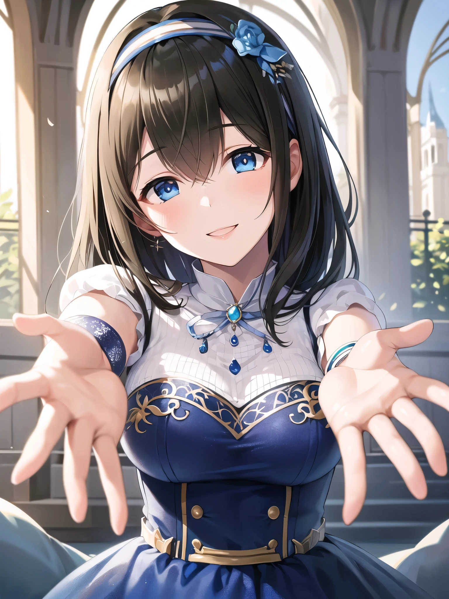 masterpiece, highest quality, High resolution, Sagisawa Fumika, Fumika Sagisawa,Idol Master, Long Hair, hair band, Blue ribbon、blue eyes。Blue Dress, Puff short sleeves, Gold bracelet, White elbow gloves, Outstretched arms, smile, Open your mouth、Large Breasts、Gravure idol、(Smile, beautiful smile, 優しいsmile, かわいいsmile, 無邪気なsmile:1.2)、Nice views, Charm, wonderful, beautiful, elegant, Gorgeous, grow, Eye-catching, 究極のbeauty, Supreme beauty, 最上級のbeauty, elegant, beauty, elegant 、(Perfect hands, Perfect Anatomy),