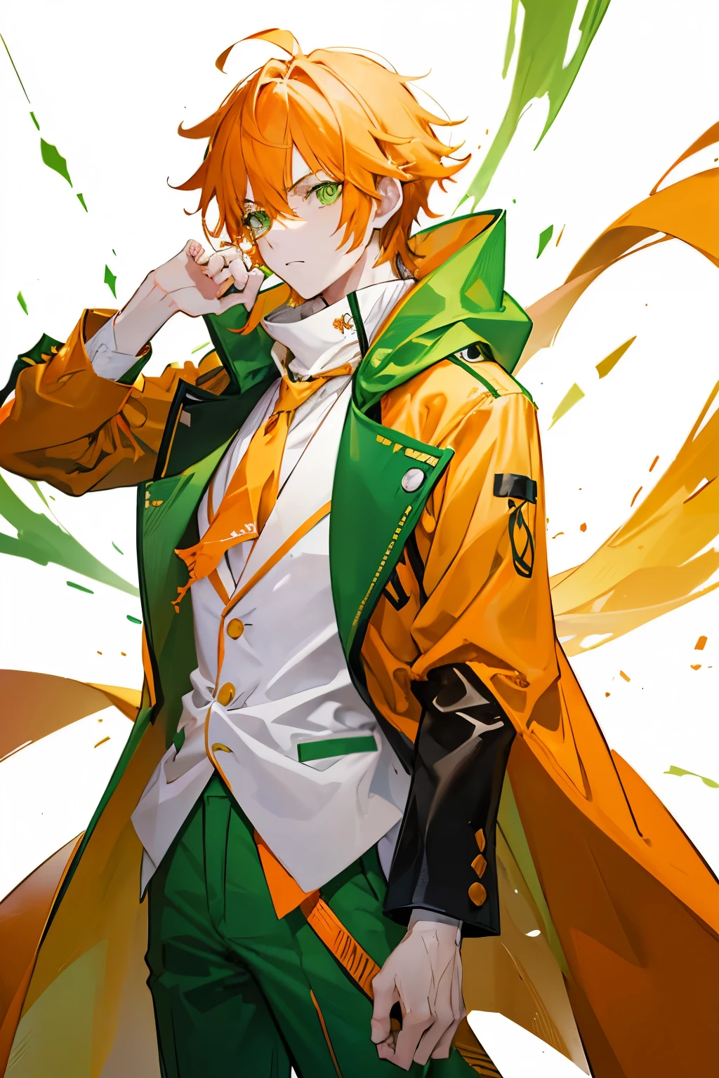 A male character with spiky, medium-length orange hair, green eyes, orange goatee with sideburns, wearing a green coat with yellow accents over a white shirt and an orange scarf or cravat, in a serious and contemplative pose, drawn in an anime style with a minimalistic white background and green specks.