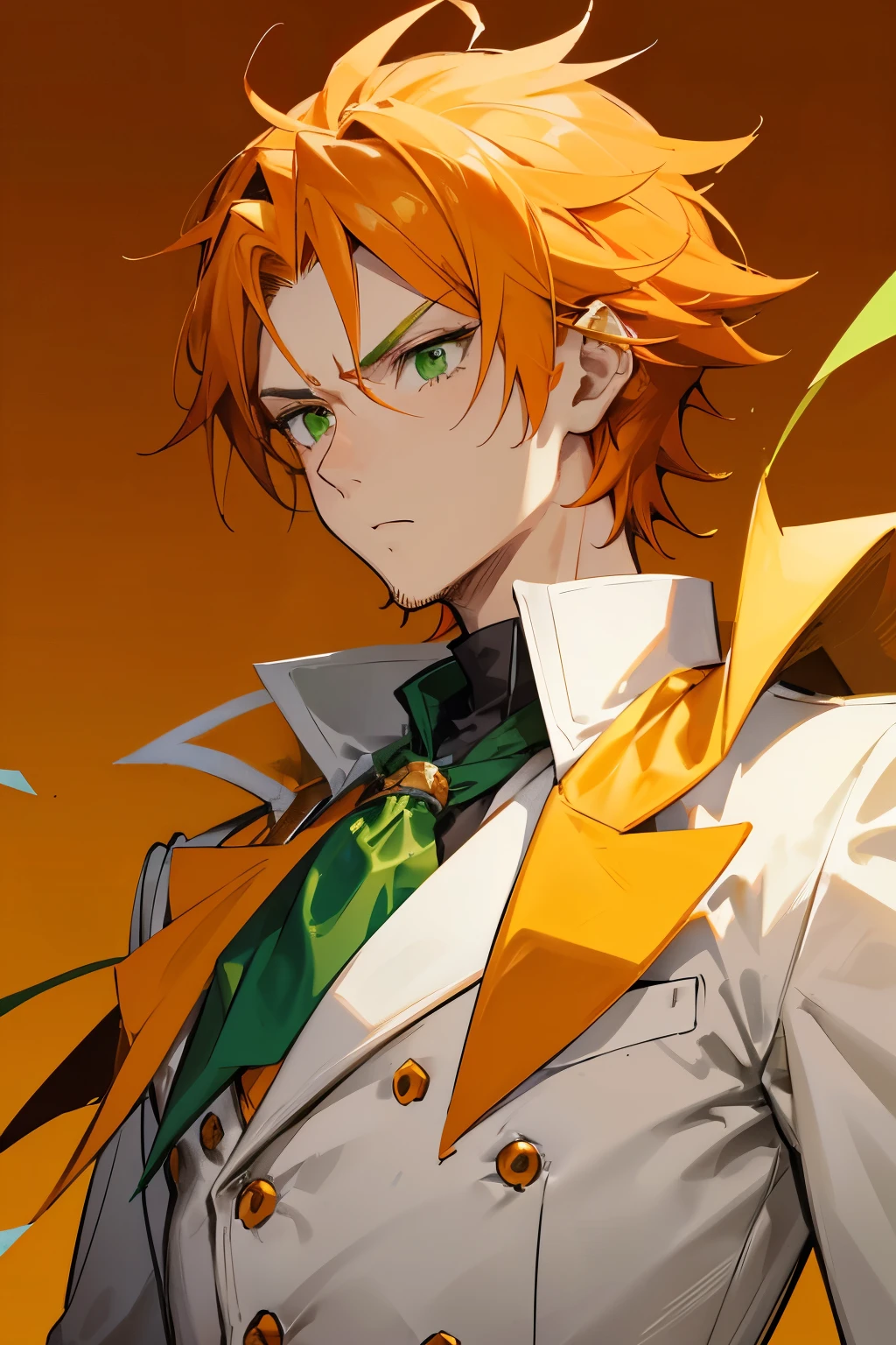 A male character with spiky, medium-length orange hair, green eyes, orange goatee with sideburns, wearing a green coat with yellow accents over a white shirt and an orange scarf or cravat, in a serious and contemplative pose, drawn in an anime style with a minimalistic white background and green specks.