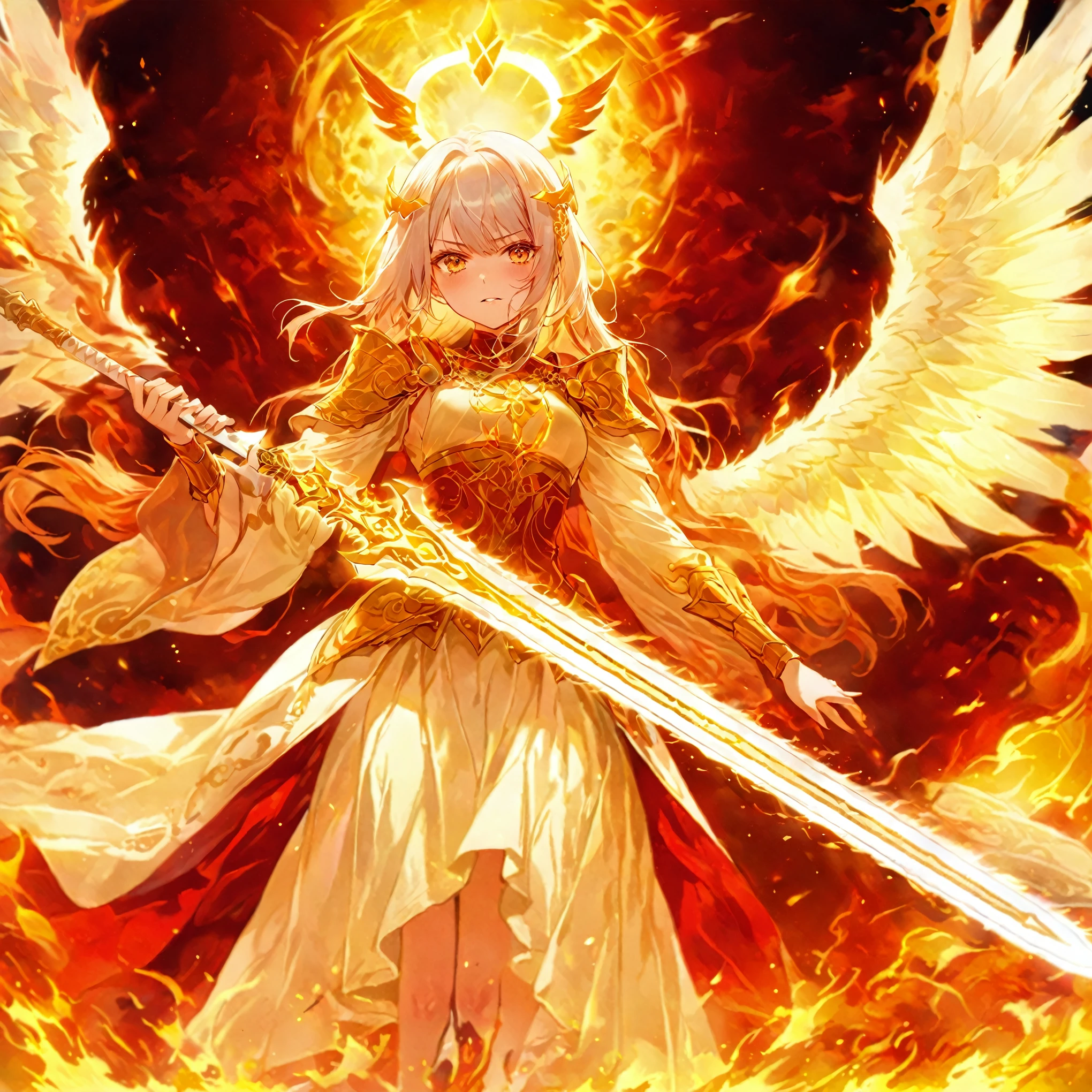 score_9, score_8_up, score_7_up, source_anime,masterpiece, best quality, high resolution, extremely detailed CG, absurdres, 1girl, A majestic angel girl stands by her six fiery wings spread wide behind her. She wears intricately detailed armor that glistens in the warm, golden light of a mystical landscape. Her dominant hand grasps the hilt of a gleaming sword, its blade etched with ancient runes. In a sweeping shot, emphasizing her regal presence and fiery aura, sworw of fire, red_sword, white_hair, long hair, fire arounded, ((halo)), ((6 wings)), glaring, ((burning heaven,burning clouds)),fire element