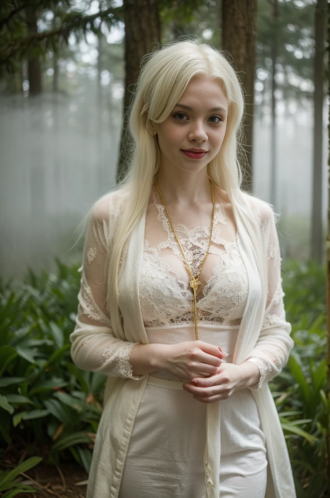 Cute 58 yo (albino:1.4) woman of Slavic descent. (short:1.1), long white hair, gray eyes, ((very pale:1.4)). Innocent look. Innocent face. Gentle spirit. (virgin), Hooded cloak, sheer lace gown, long sleeves, gold cross necklace. (joy), (love), Mystical forest. realistic hands. Mystic fog. Mystic smoke.