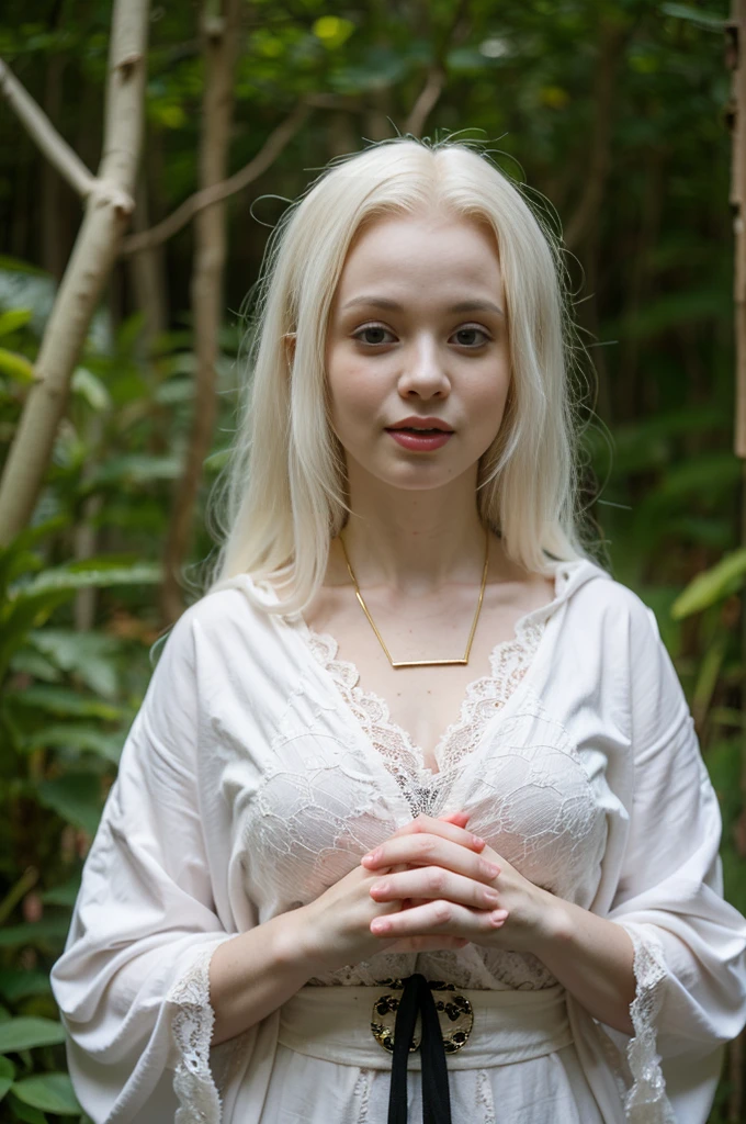 Cute 58 yo (albino:1.4) woman of Slavic descent. (short:1.1), long white hair, gray eyes, ((very pale:1.4)). Innocent look. Innocent face. Gentle spirit. (virgin), Hooded cloak, sheer lace gown, long sleeves, gold cross necklace. (joy), (love), Mystical forest. realistic hands. Mystic fog. Mystic smoke.
