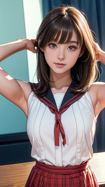 Highly detailed CG Unity 8k wallpaper, Very delicate and beautiful, Shockingly, Finely, official art, absurd, incredibly absurd, Ultra Detailed,The light shines on your face,Looking at the audience, (perfect woman image), Slim Waist, Full Body Esbian, permanent, ((Sailor Suit, Plaid skirt, Collared shirt, abdomen, Open your clothes, sleeveless tops)), bare arm, Bangs, (best quality, 4K, On the table: 1.3), Beautiful Japanese Araphi woman、15age、Surreal, 1 girl,The face is rich in detail,Lip detail, Beautiful eyes,double eyelids, (Beautiful and delicate lips),Sexy face、Light brown hair、Medium Length Hair、(Seductive figure: 1.2), (Thin waist:1.1)、Flowing hair、((Solitary))、 Half-smile, Color Background, Looking at the audience,big breasts Thin waist,Movie Lighting, ((15 years old girl, Slim, Thin waist, Thin thighs, Thin arms)), ((Raise your arms, Expose your armpits))