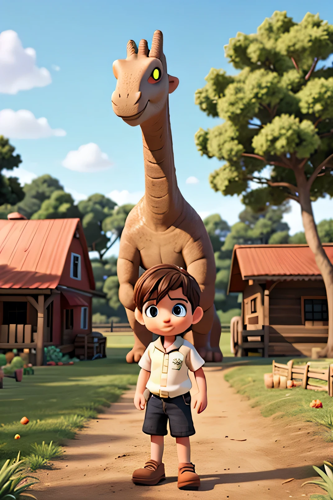 Create a farm scene with a three-year-old boy and a brachiosaurus 