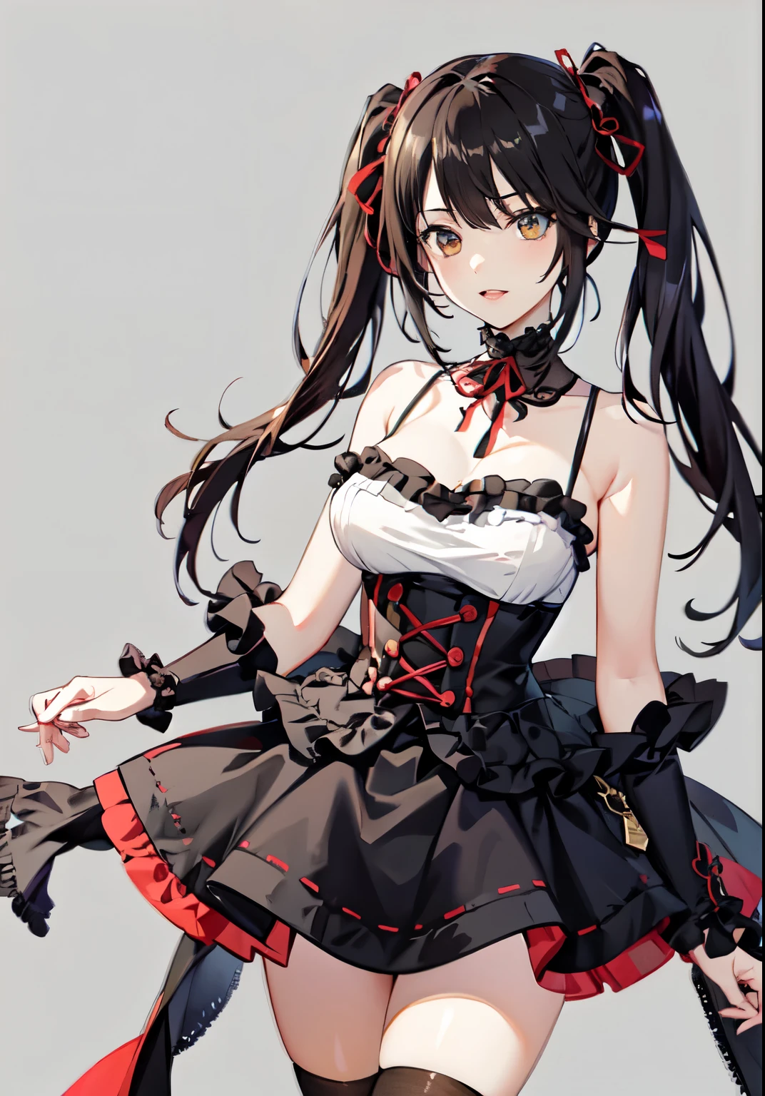 masterpiece, high quality, 1 Girl((,Full body)) ((Tokisaki Kurumi)), monochrome, Black Hair, , mini skirt, ((Right eye is red:1, Left eye yellow))),((Exquisite eyes)),((Delicate face)) Smile, Kawaii, ((Standing)),(((Wearing red high heels))), Beautiful Body, Kawaii face, looking at the audience, Super Big Oppei,UHD, anatomically correct, super detail, super detail, highres, accurate,