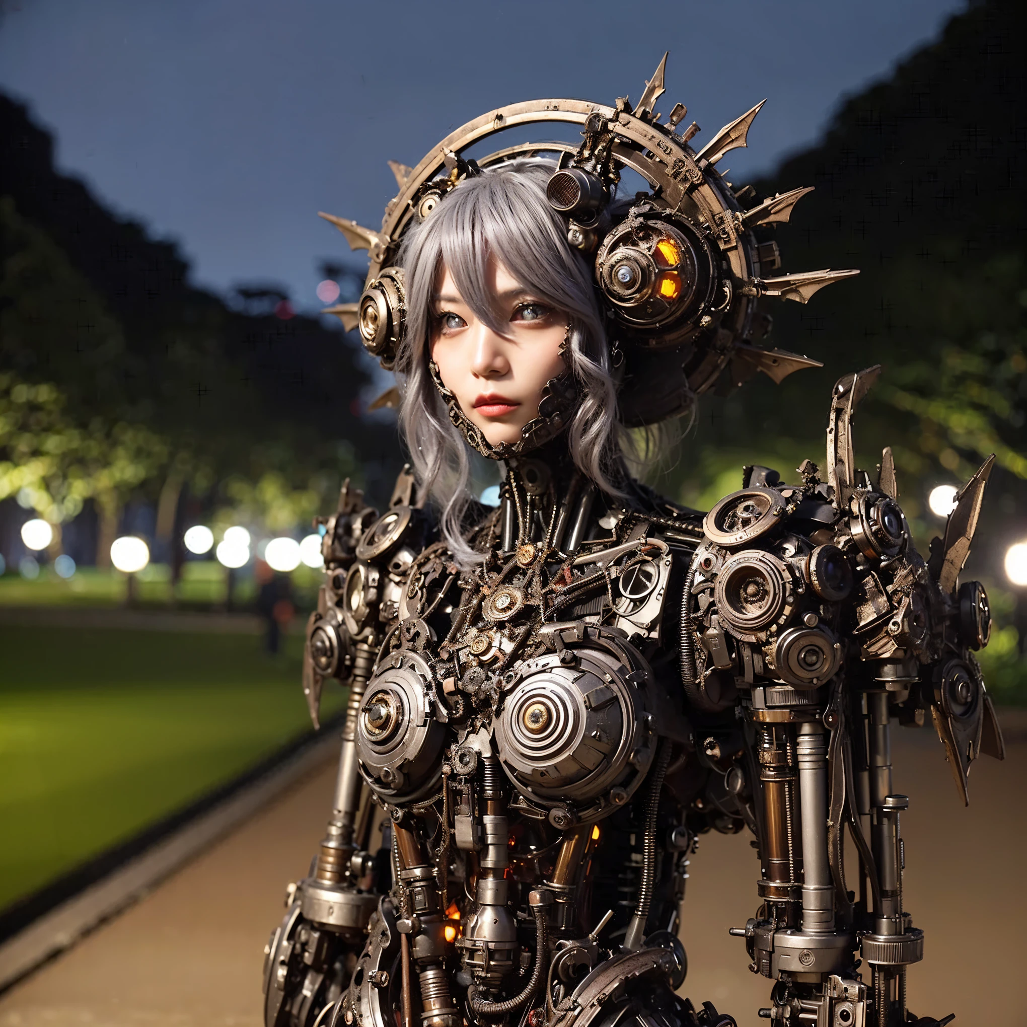 Masterpiece, (ultimate quality:1.2), 8k, Japanese woman in hedgehog-type powered suit, silver base with green and red accents, very beautiful face, mechanical, (mechanical bat wings), hydraulic cylinder, power pipe, ultimately intricate details, full body shot, (ultimate photo Realistic:1.37), Park with a beautiful view at night, (Steampunk: 1.2), (biopunk), Full body photo, Wide-angle shot, Please generate at least 4 photos.