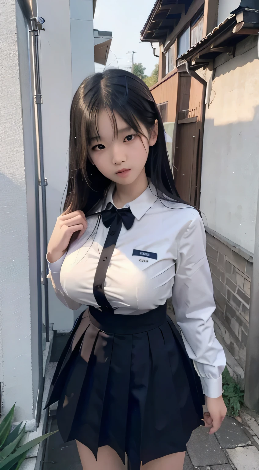 Master quality, highest quality, best picture quality, exaggerated details, a cute 8 year old asian  with a shy expression, slightly squinted eyes, adjusting her hair, long eyelashes (long hair / very, very exaggerated big breasts / in uniform) outdoors, posing in front of the camera, very wet body, lace petticoat 