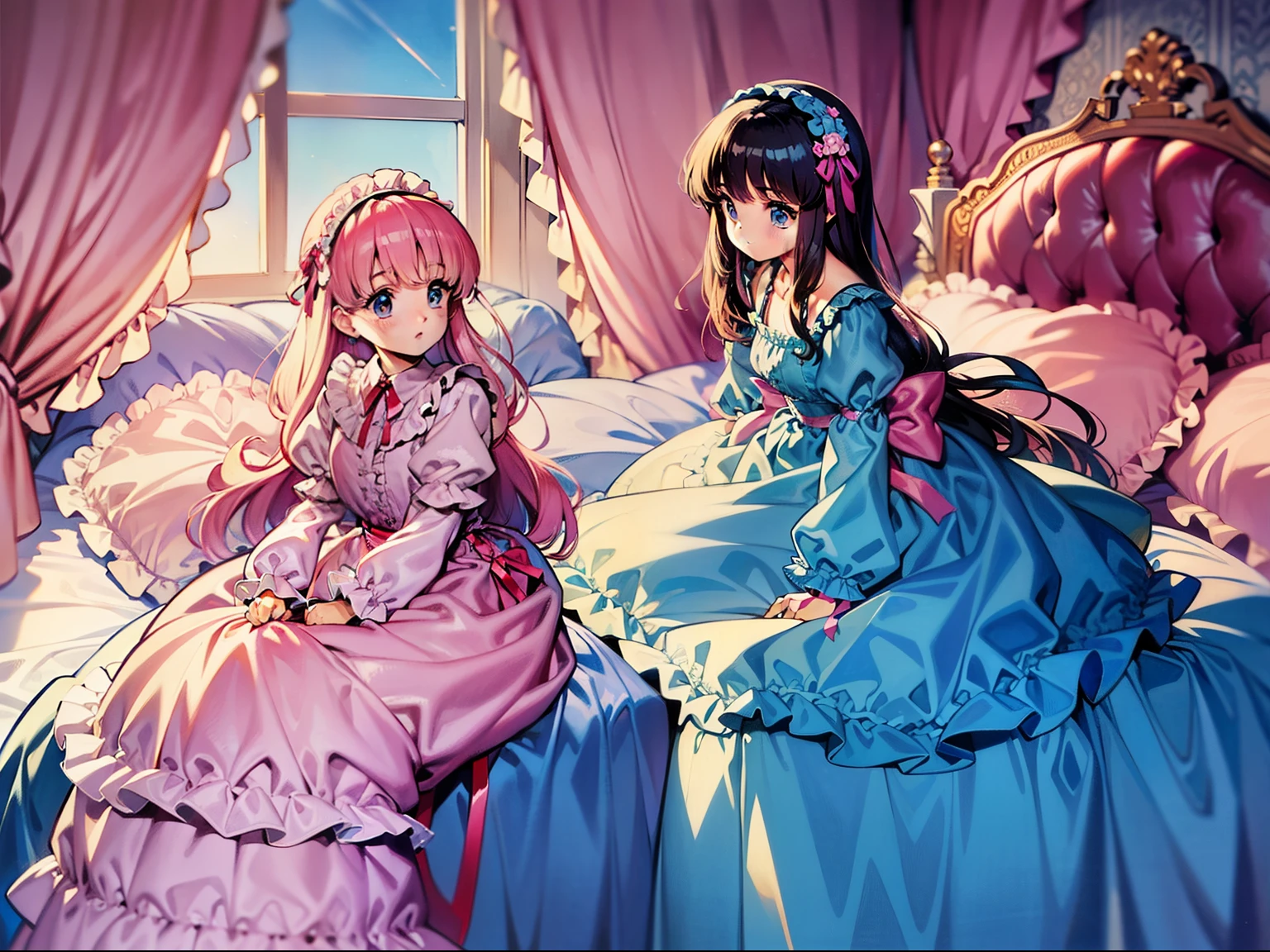 ,highest quality, masterpiece, highest resolution, artwork,1990s style anime illustration,((10 year old little girls)),Super detailed baby face, Anime illustrations, pajama party,. , Lolita fashion long-sleeved long skirt nightgown with frills and ribbons, {{{on the huge and wide pink canopy bed}}},{{{lot of frilled pillows}}}, frilled bed skirt,Soft pillows and futons, colorful pillows in pastel colors, pink curtains with frills around the bed, detailed face.