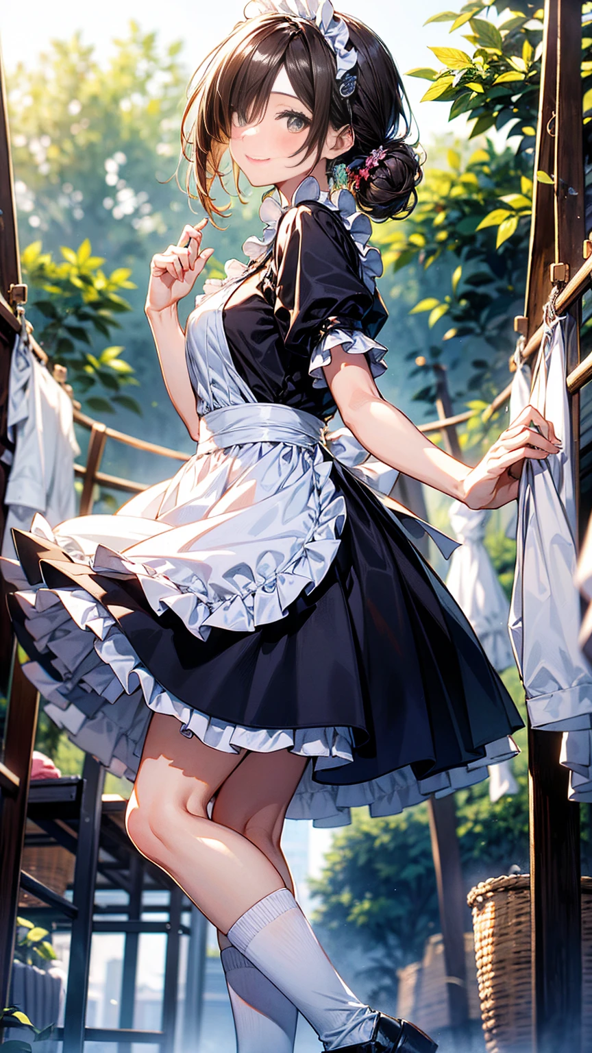(highest quality、masterpiece、High resolution)、(Sargent style watercolor)、(anime art)、soft light、Views of the Cotswolds、old farmhouse、flowers bloom、(((Tight outfit)))wearing traditional dark-brown maid uniform, maid costume:1.2, flare skirts, apron, Tall and long legs, long white hair, wearing rimless grasses, (milf:1.5, 28 years old, solo), ( narrow waist), (hair over one eye, updo, side lock, asymmetric hair, wavy hair), (bright pupils, detailed eyes, high detailed face, Perfect face shape, eye rush), (seductitve smiling, half-closing eyes), (looking at viewers:1.3), (dynamic angle, tighs focus, from side below:1.2), ((correct anatomy:1.5, correct hands)), (ideal ratio of body proportions)(((Woman hanging out the laundry)))、medium hair、dark brown hair、Good weather people、Braided Hair、Black-rimmed glasses、Garter Stockings、((Raise your hand to hang out the laundry))、Cheerful expression、((Laundry hanging on a white rope))(((Sunny day outdoors)))、Pure white shorts