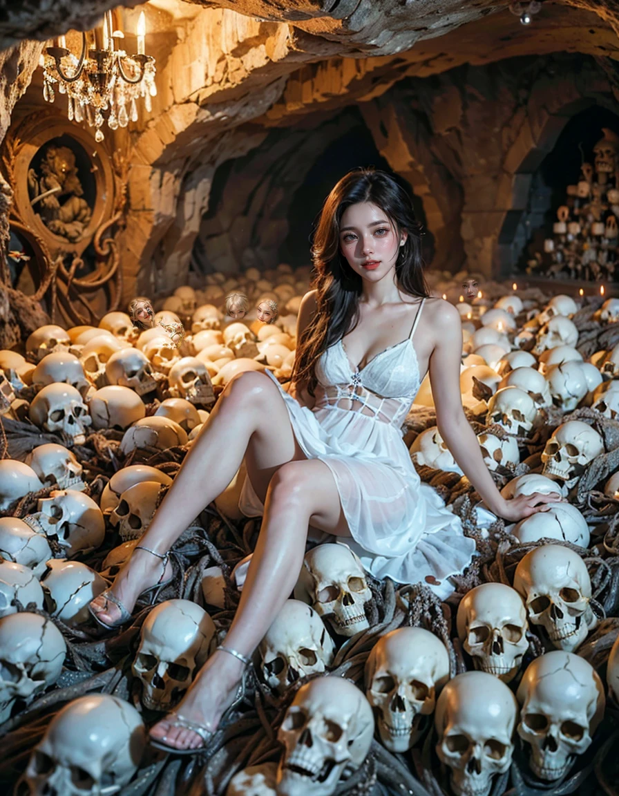 A cinematic-style fullbody realisticphoto of a beautiful young lady ,with a charming smile,in long hairstyle,sexy,lying on pile of skulls in White Viscous liquid, at Luxurious cave palace with Hanging skeletons on webs,yaoye,anatomical correct:2