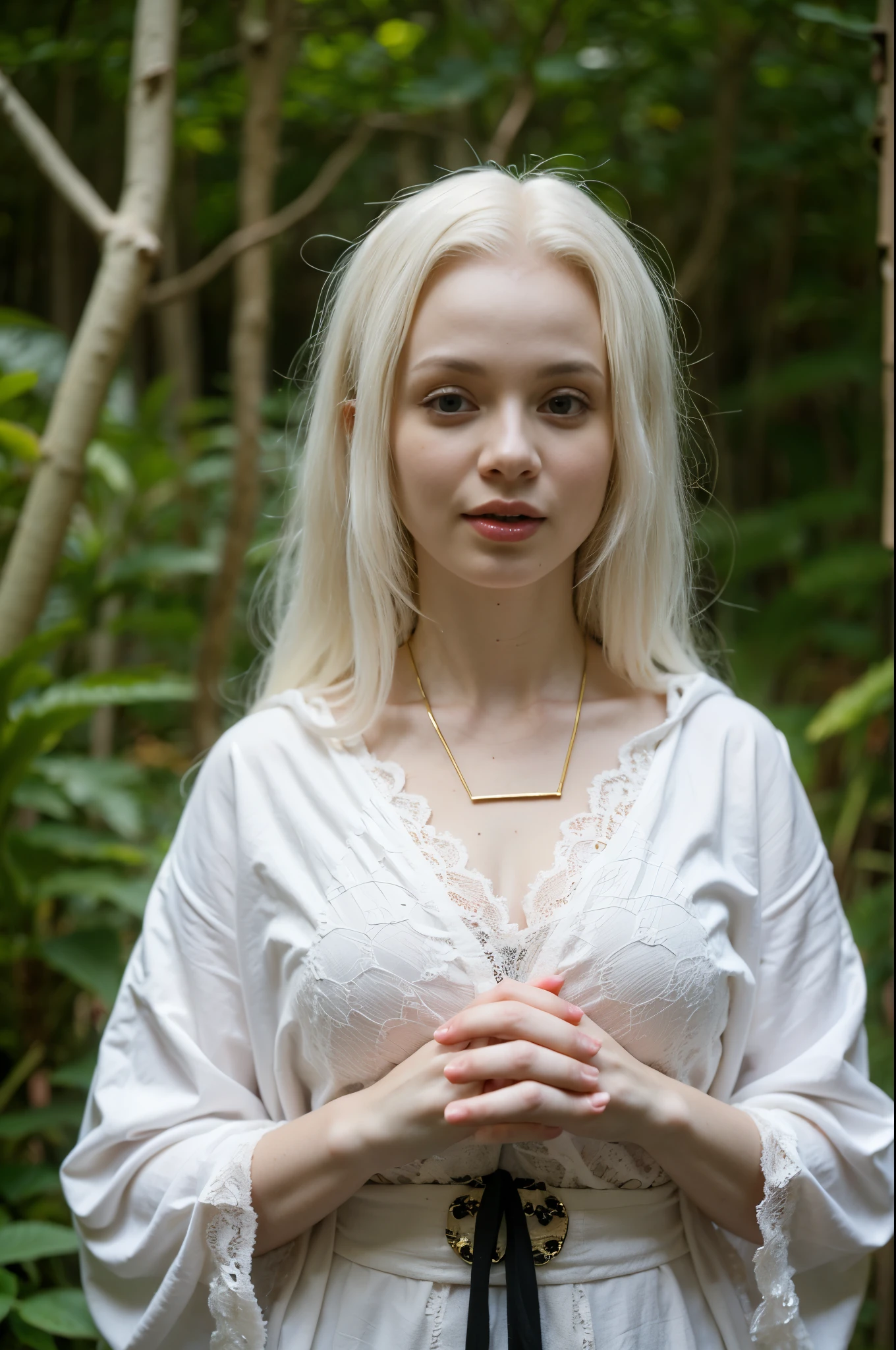 Cute 58 yo (albino:1.4) woman of Slavic descent. (short:1.1), long white hair, gray eyes, ((very pale:1.4)). Innocent look. Innocent face. Gentle spirit. (virgin), Hooded cloak, sheer lace gown, long sleeves, gold cross necklace. (joy), (love), Mystical forest. realistic hands. Mystic fog. Mystic smoke.