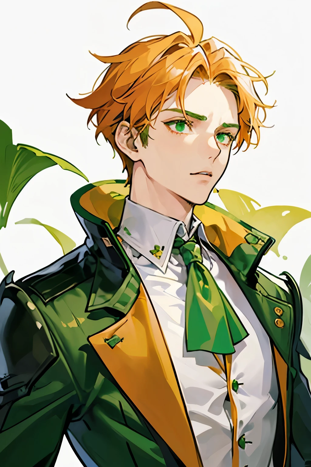 A male character with spiky, medium-length orange hair, green eyes, and a small goatee with sideburns, wearing a green coat with yellow accents over a white shirt and an orange scarf or cravat, in a serious and contemplative pose, drawn in an anime style with a minimalistic white background and green specks.