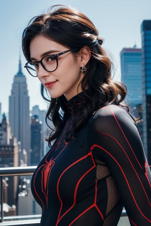 Spider suit, spider web print, spider webs, spider-man, masutepiece, Absurd, Fine details, nffsw, ((Highly detailed face and eyes)), Photorealistic,, Focus on the eyes,, standing on the roof of a skyscrapper, ((no mask on)), Looking at the viewer, Smiling, Black hair, boy focus, Big hair, Curly hair, Round glasses, earrings, , new york buildings background,