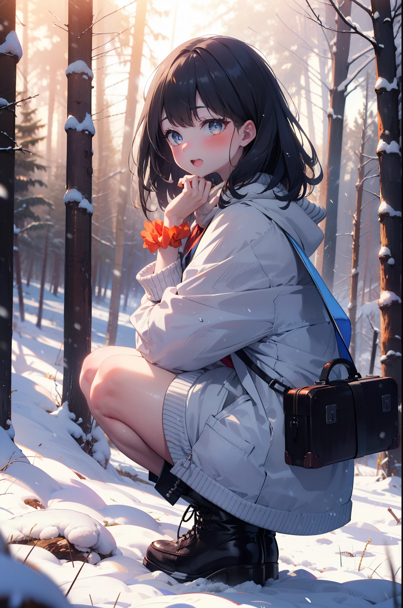 6 flowers, rikka takarada, Black Hair, blue eyes, Long Hair, orange Scrunchie, Scrunchie, wrist Scrunchie,smile,blush,White Breath,
Open your mouth,snow,Ground bonfire, Outdoor, boots, snowing, From the side, wood, suitcase, Cape, Blurred, Increase your meals, forest, White handbag, nature,  Squat, Mouth closed, フードed Cape, winter, Written boundary depth, Black shoes, red Cape break looking at viewer, Upper Body, whole body, break Outdoor, forest, nature, break (masterpiece:1.2), highest quality, High resolution, unity 8k wallpaper, (shape:0.8), (Beautiful and beautiful eyes:1.6), Highly detailed face, Perfect lighting, Extremely detailed CG, (Perfect hands, Perfect Anatomy),