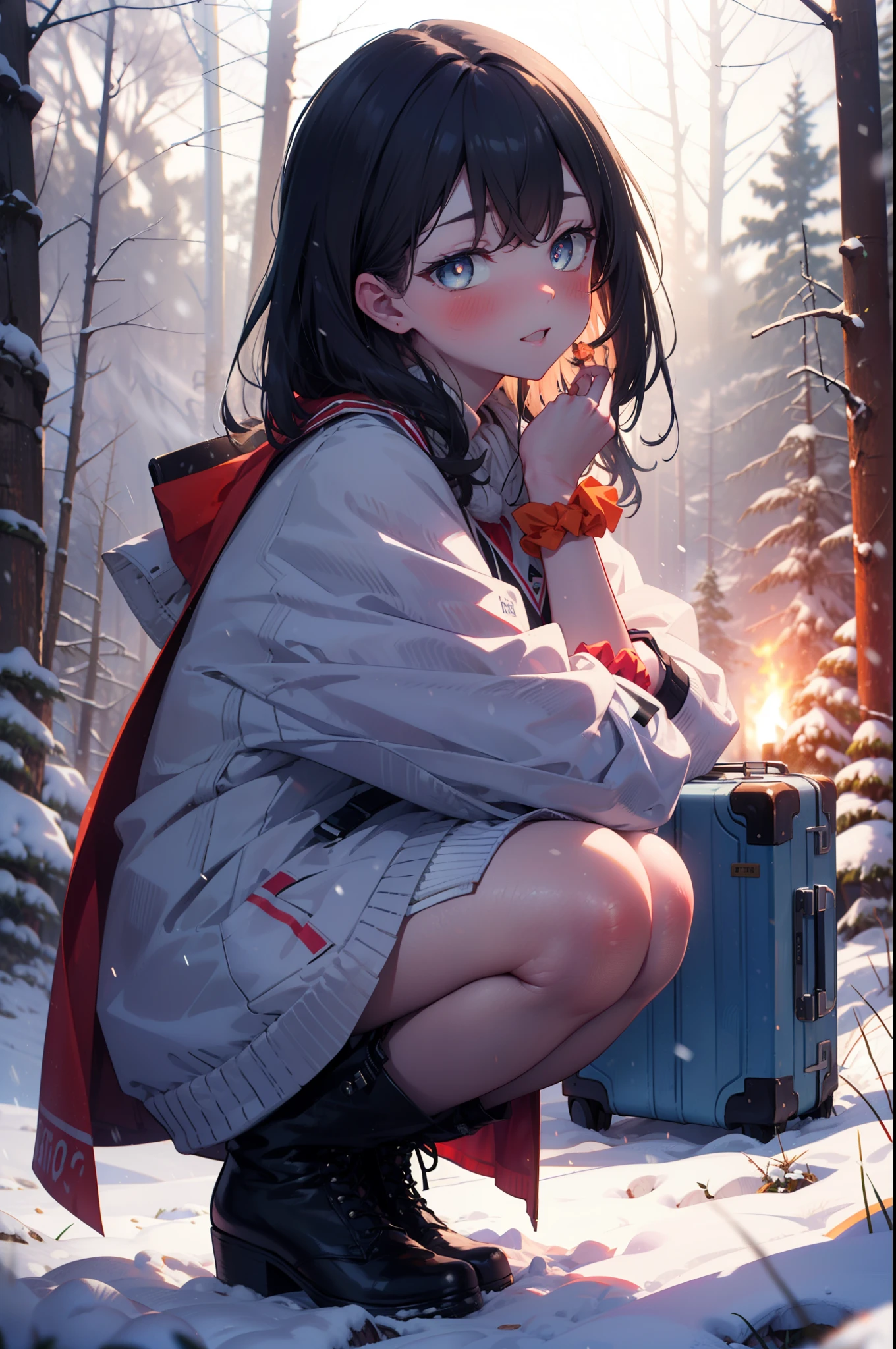 6 flowers, rikka takarada, Black Hair, blue eyes, Long Hair, orange Scrunchie, Scrunchie, wrist Scrunchie,smile,blush,White Breath,
Open your mouth,snow,Ground bonfire, Outdoor, boots, snowing, From the side, wood, suitcase, Cape, Blurred, Increase your meals, forest, White handbag, nature, Squat, Mouth closed, フードed Cape, winter, Written boundary depth, Black shoes, red Cape break looking at viewer, Upper Body, whole body, break Outdoor, forest, nature, break (masterpiece:1.2), highest quality, High resolution, unity 8k wallpaper, (shape:0.8), (Beautiful and beautiful eyes:1.6), Highly detailed face, Perfect lighting, Extremely detailed CG, (Perfect hands, Perfect Anatomy),