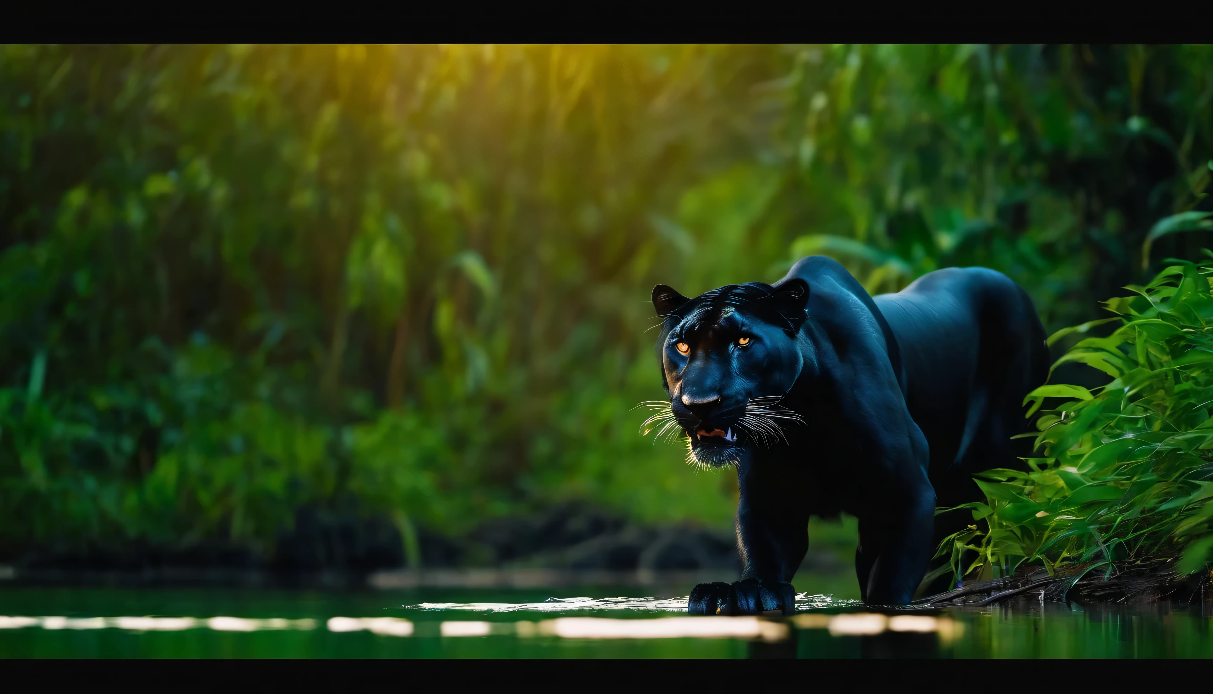 Closed up Black panthar blue angry eyes, angry mood, onward face, in jungle in the pond