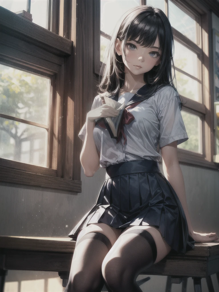 masterpiece, best quality, high resolution, highly detailed, ultra-realistic, sharp focus, photorealistic, beautifully lit, school library, high school girl, sitting by the window, traditional Japanese school uniform, crisp white blouse, navy blue skirt, black stockings, black leather shoes, long black hair, reading a book, sunlight streaming through the window, cinematic lighting, soft colors, muted tones, realistic shading, three-dimensional depth, volumetric lighting, vibrant yet balanced colors, stunning composition, intricate details, dynamic pose
gawr gura