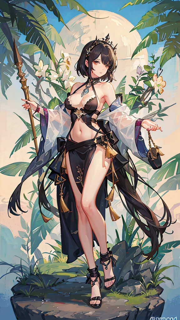 Extremely beautiful primitive Javanese big breasted girl. Brown skin. No cloth. black short messy hair. Beautiful legs, beautiful navel, beautiful pelvis, beautiful underboobs, beautiful shoulders, beautiful collar bones, beautiful lips, beautiful eyes, beautiful armpits, beautiful labia. Full body. Voluptuous. No pubes. Background in the jungle. Angry. Holding bamboo spear. Ultra detailed fingers. Ultra detailed background.