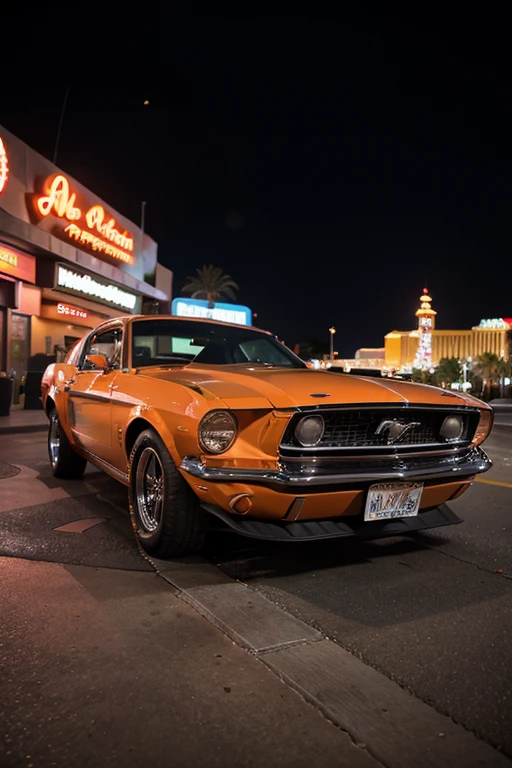 low angle artistic photo of a classic orange mustang car parked on the Las Vegas strip at twilight