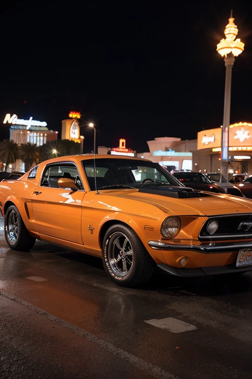 low angle artistic photo of a classic orange mustang car parked on the Las Vegas strip at twilight