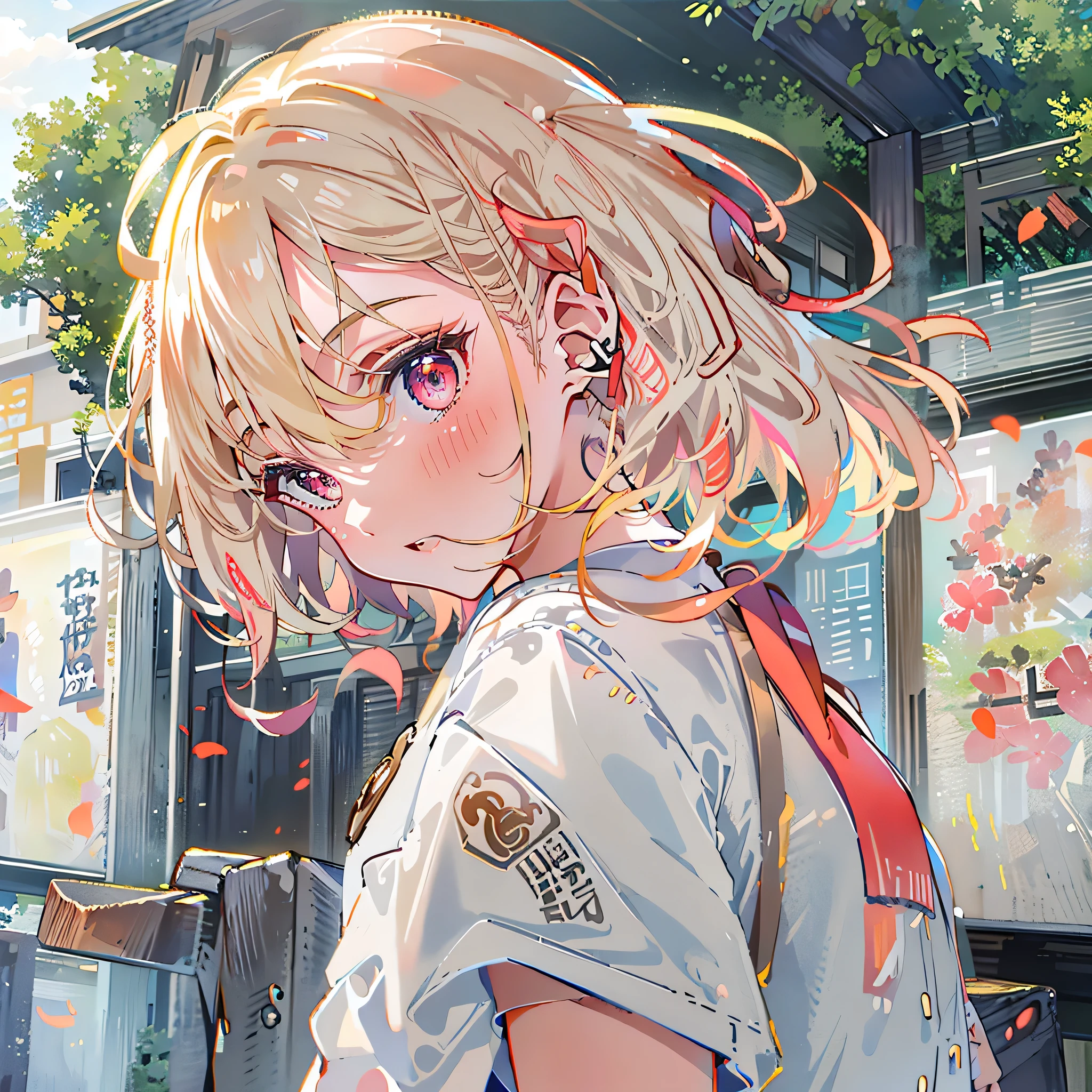 8K resolution、((top-quality))、((masterwork))、((ultra-detailliert))、1 woman、solo、incredibly absurdness、Oversized T-shirt’s 、street、plein air、Sateen、neons、Shortcut Hair、blond Hair Brightly colored eyes、Hands in pockets、shortpants、really cute 、summer feel