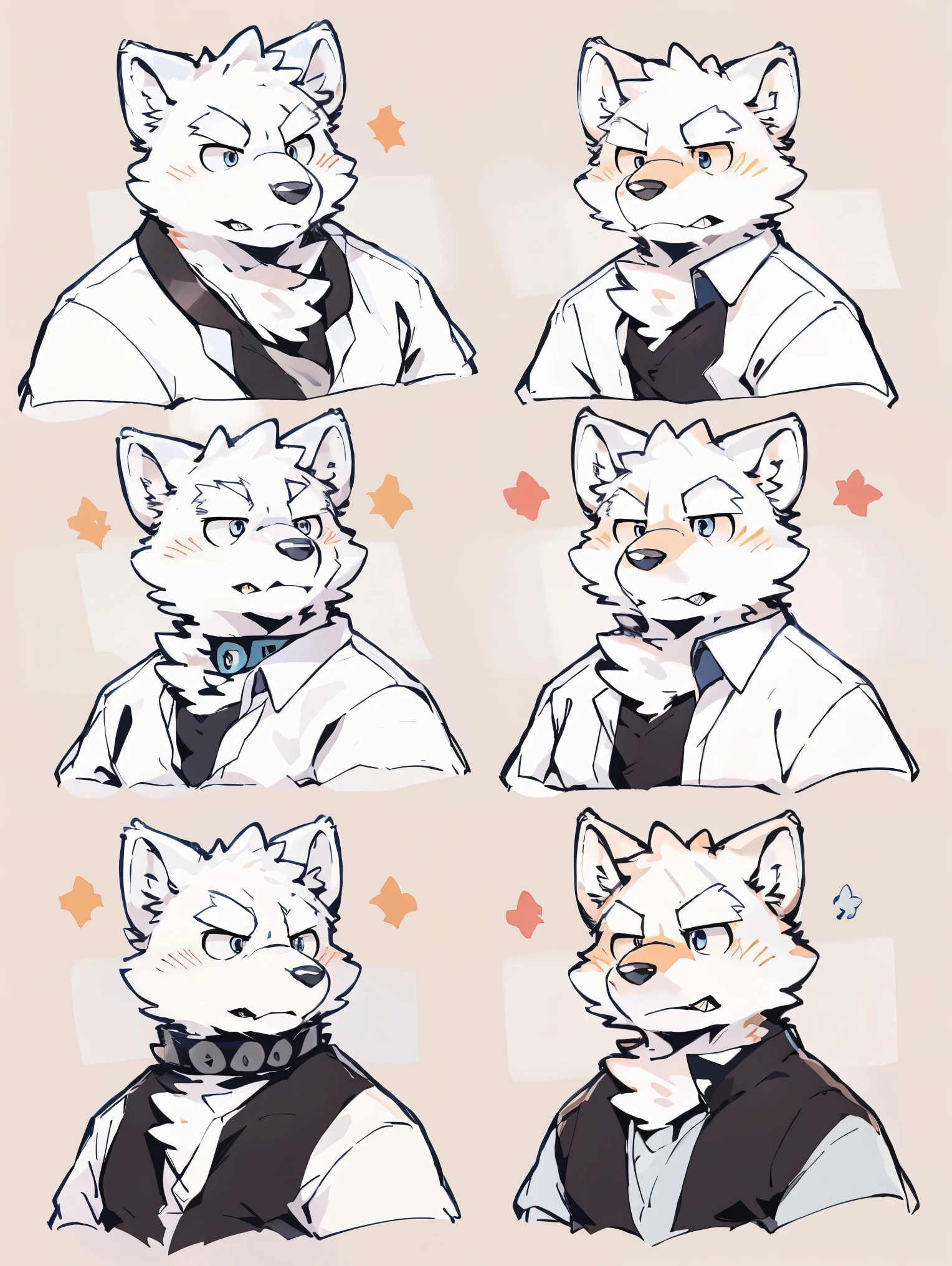 snow wolf, ((all white fur:1.5)), solo, Perfect sky blue eyes, Spike Collar, (artist:Takemoto Arashi), Mature face, elder, naughty face, glint, longeyelashes, (fang out:1.5), (Clear facial details), Thin and tall figure, Wearing an oversized white shirt, differentemotions, Multiple locations and emojis, Tonalism, best quality, UHD, super detail, high details