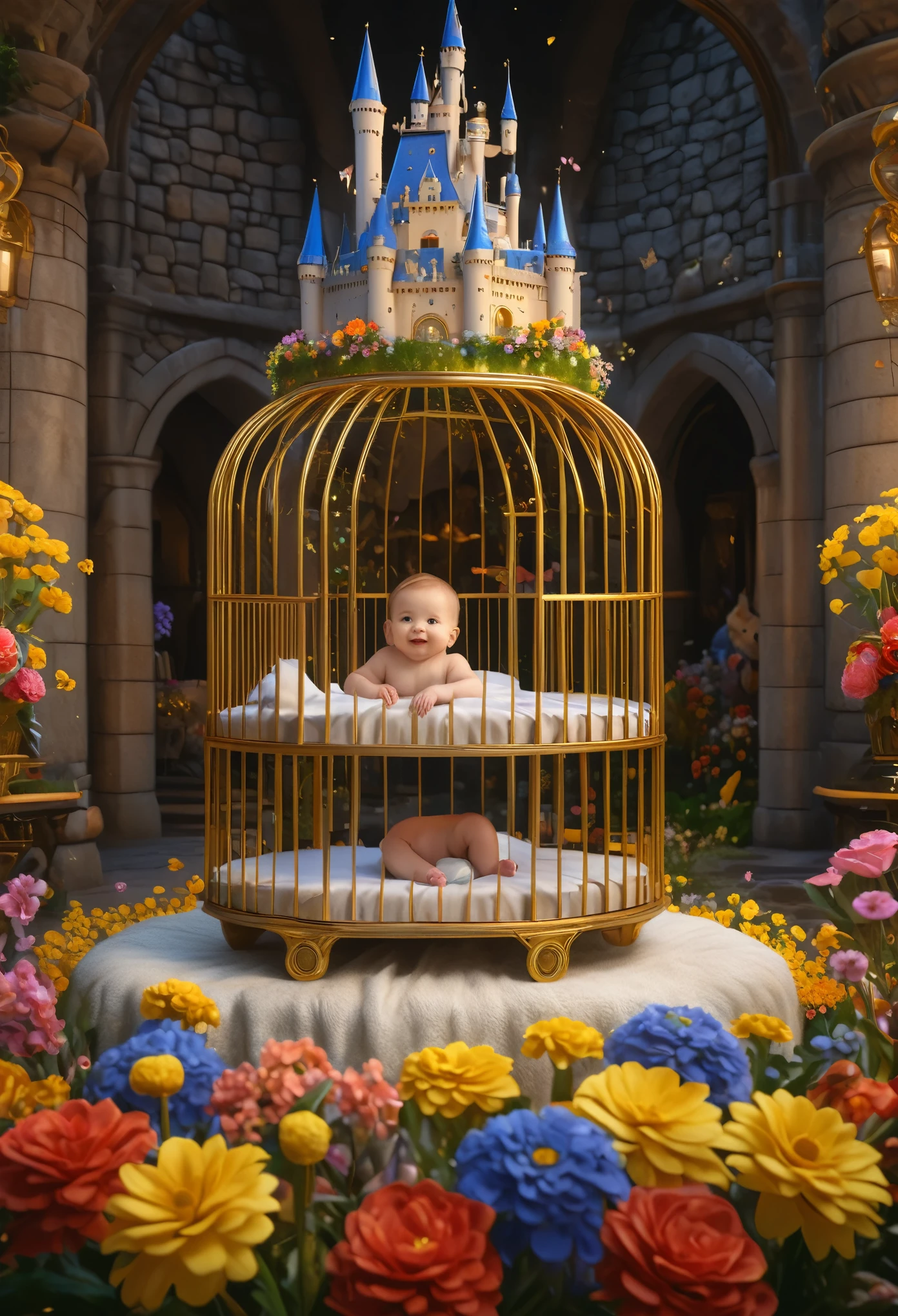a magnificent castle with colorful flags, a baby in a golden cradle surrounded by joyful flowers and animals, (best quality,4k,8k,highres,masterpiece:1.2),ultra-detailed,(realistic,photorealistic,photo-realistic:1.37),detailed castle architecture, intricate floral arrangements, adorable baby, cute animals, warm lighting, vibrant colors, fantasy landscape, dreamlike atmosphere
