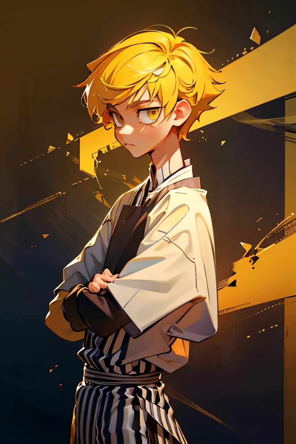 1kpop boy, slim body,fade cuted side yellow hair(hunter style), wears chef clothes yellow stripe upper, more sexier