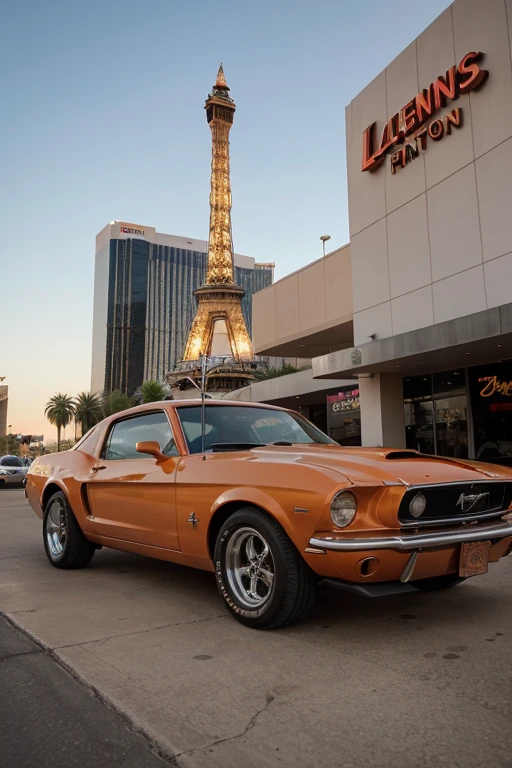 low angle artistic photo of a classic orange mustang car parked on the Las Vegas strip at sunrise