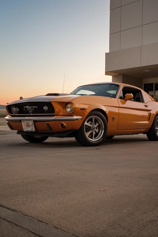 low angle artistic photo of a classic orange mustang car parked on the Las Vegas strip at sunrise