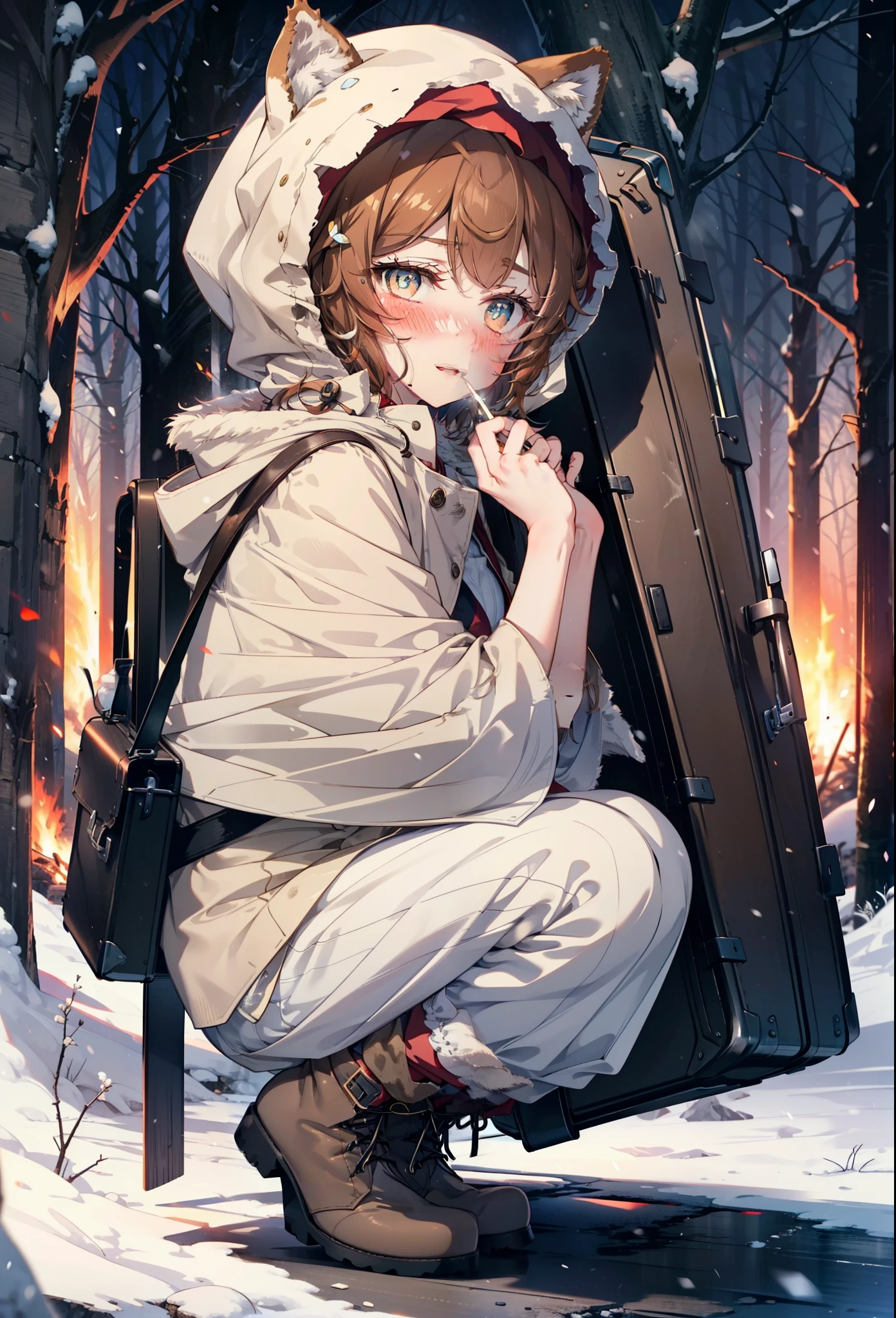 Liliru Card, Liliruca gets burned, Animal ears, (Brown eyes:1.7), Brown Hair, (Flat Chest:1.2), short hair,smile,blush,White Breath,
Open your mouth,snow,Ground bonfire, Outdoor, boots, snowing, From the side, wood, suitcase, Cape, Blurred, having meal, forest, White handbag, nature,  Squat, Mouth closed, Cape, winter, Written boundary depth, Black shoes, red Cape break looking at viewer, Upper Body, whole body, break Outdoor, forest, nature, break (masterpiece:1.2), highest quality, High resolution, unity 8k wallpaper, (shape:0.8), (Beautiful and beautiful eyes:1.6), Highly detailed face, Perfect lighting, Extremely detailed CG, (Perfect hands, Perfect Anatomy),