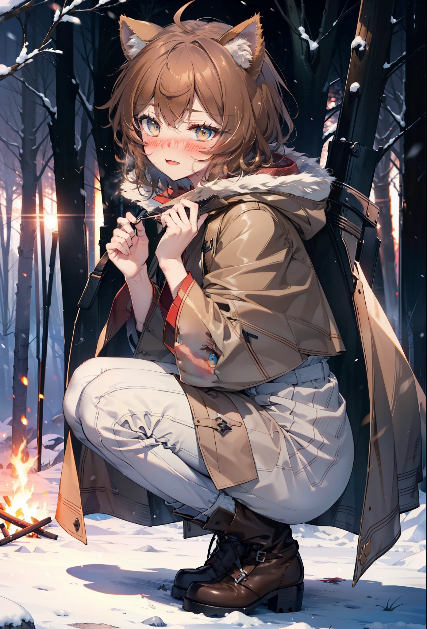 Liliru Card, Liliruca gets burned, Animal ears, (Brown eyes:1.7), Brown Hair, (Flat Chest:1.2), short hair,smile,blush,White Breath,
Open your mouth,snow,Ground bonfire, Outdoor, boots, snowing, From the side, wood, suitcase, Cape, Blurred, having meal, forest, White handbag, nature,  Squat, Mouth closed, Cape, winter, Written boundary depth, Black shoes, red Cape break looking at viewer, Upper Body, whole body, break Outdoor, forest, nature, break (masterpiece:1.2), highest quality, High resolution, unity 8k wallpaper, (shape:0.8), (Beautiful and beautiful eyes:1.6), Highly detailed face, Perfect lighting, Extremely detailed CG, (Perfect hands, Perfect Anatomy),