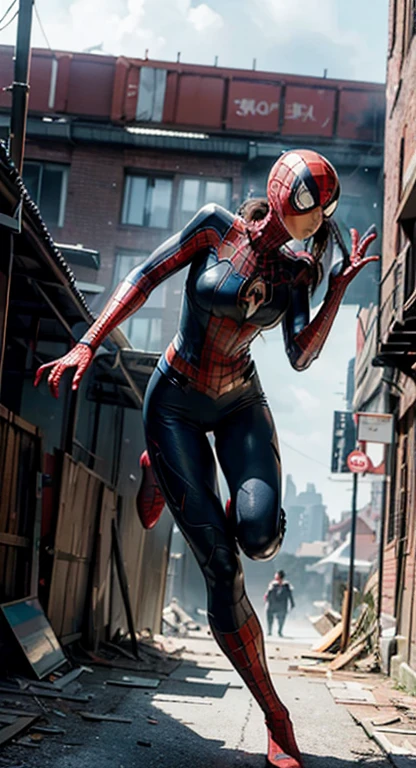 (1girl:1.3), solo, __body-parts__, official art, unified 8k wallpaper, super detailed, beautiful and aesthetic, beautiful, masterpiece, best quality, raw, masterpiece, super fine photo, best quality, super high resolution, photorealistic realism, sunlight, full body portrait, amazing beauty,, dynamic pose, delicate face, vibrant eyes, (from the front), she is wearing a Spider-man suit, red and black color scheme, spider, very detailed abandoned warehouse background, Detailed face, detailed complex busy background, messy, gorgeous, milky white, highly detailed skin, realistic skin details, visible pores, sharp focus, volumetric fog, 8k uhd, DSLR, high quality, film grain, fair skin, photo realism, lomography, huge metropolis in future dystopia, seen from below, translucent