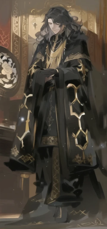 a painting of a man in a black robe and a black cape, in dark robes with gold accents, dark ornate royal robes, noble elf male in black robes, ((wearing aristocrat robe)), wearing a black noble suit, ornate robes, black robes, ornate flowing robes, by Yang J, robe. extremely high details, picture of a male cleric