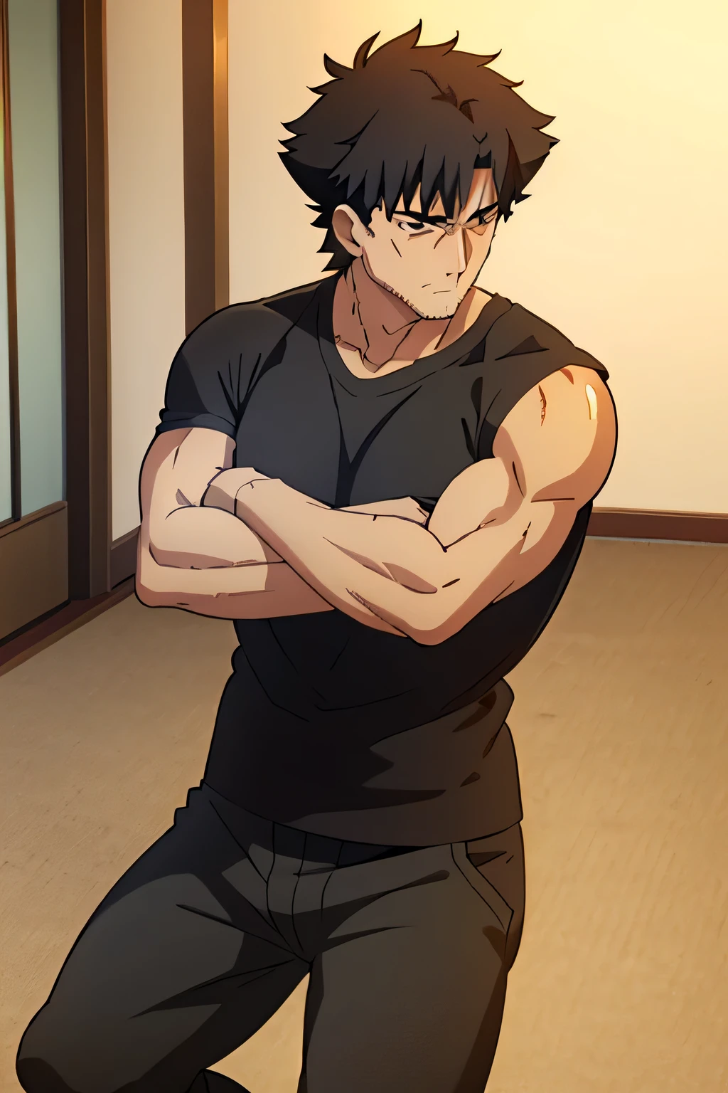 Kiritsugu is sitting and flexing his biceps and abs. He wears black short boxershorts. You can see his thighs. He looks annoyed. He has bulging veins on his arms. He wears a black tshirt with short sleeves. His sleeve is completely rolled up so you can see his entire arm and shoulder. He is showing his abs too.