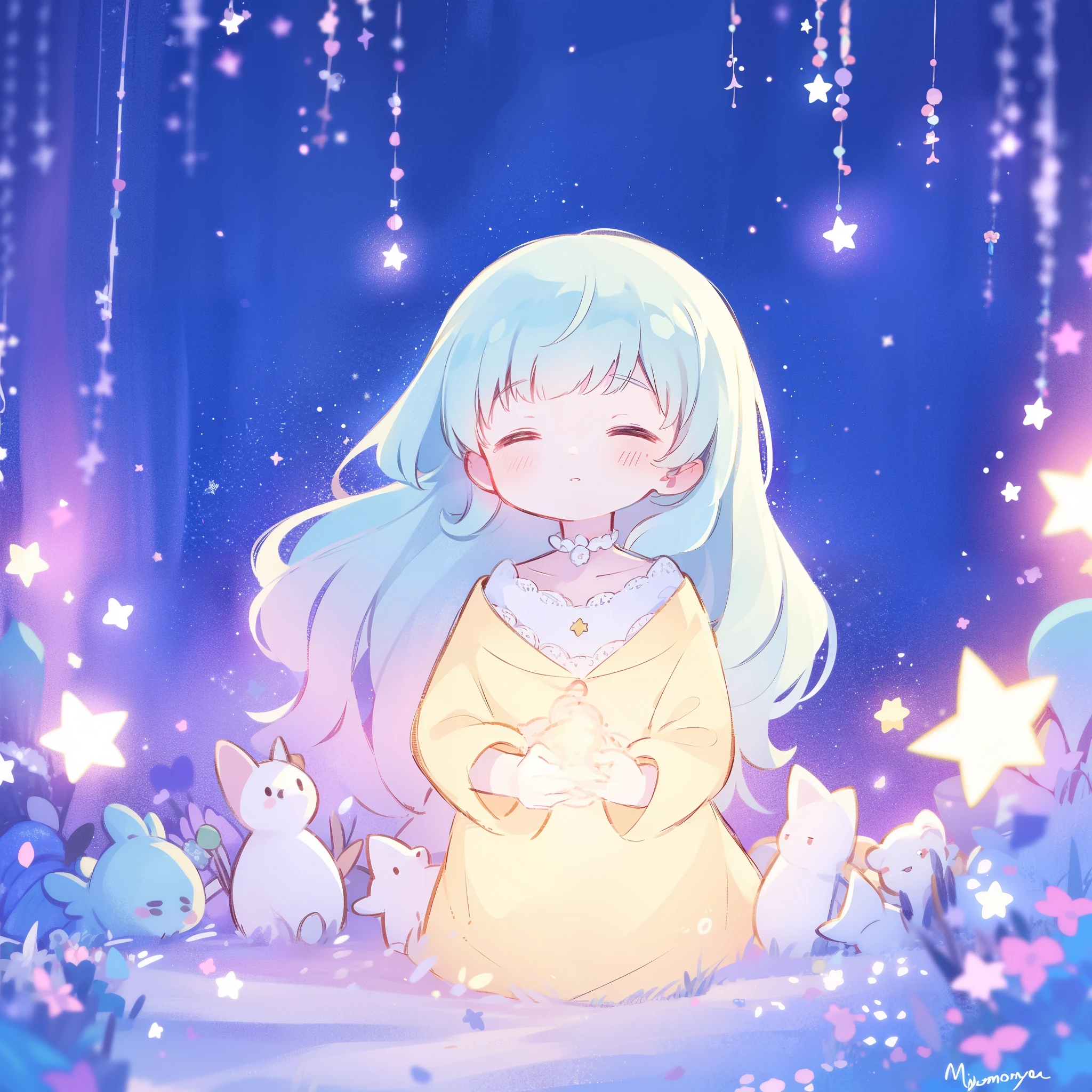complex background, wishing star background, light blue hair, a woman wearing an ethereal mystical pink translucent dress that reflects the stars, dreamy, peaceful, serene composition, glowing stars, glowing, complex drawing, highly detailed, ethereal, starry night, midjourney style
